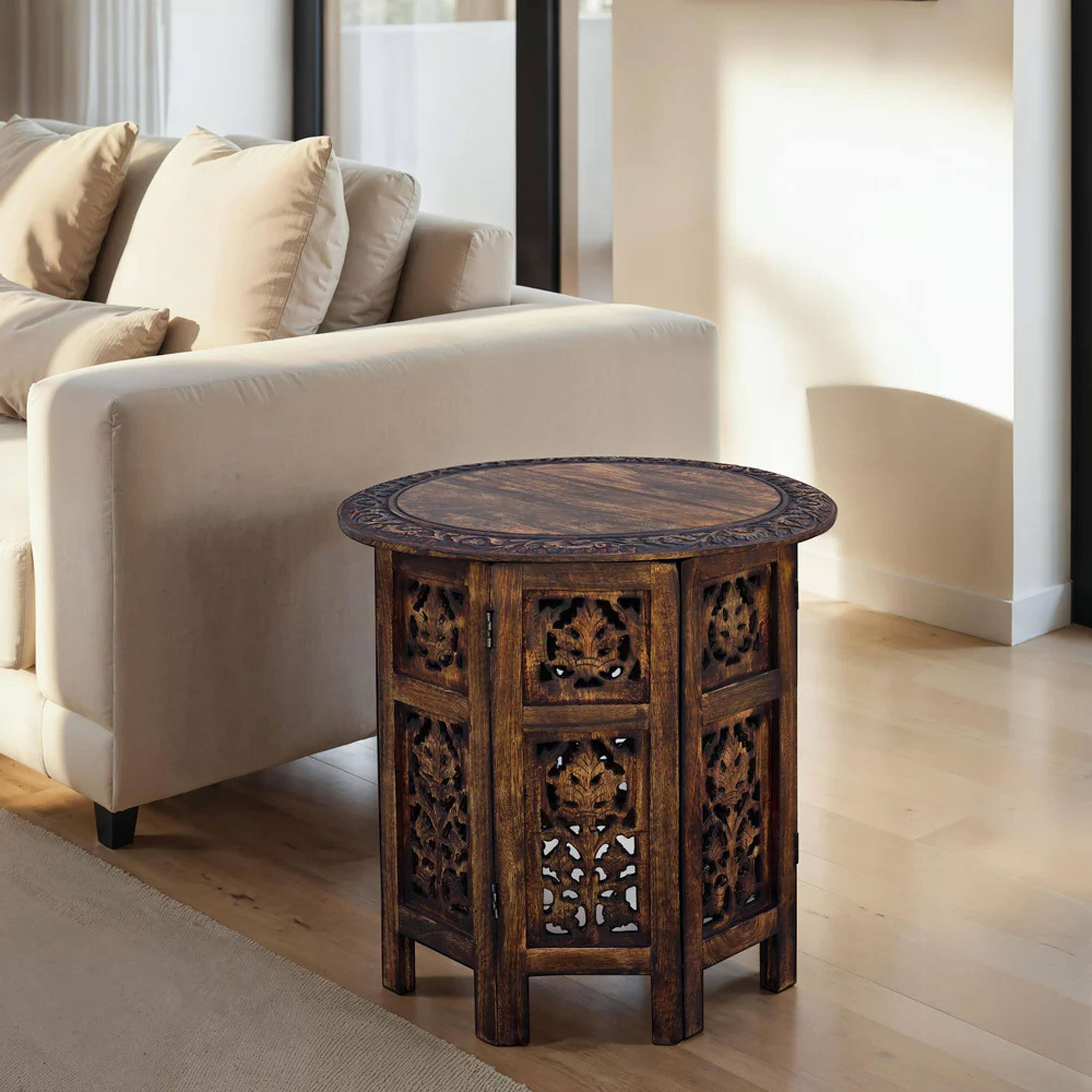 Alt View 10. Manhattan Lane - 18 Inch Mango Wood Folding Accent Table, Hand Carved - Brown.