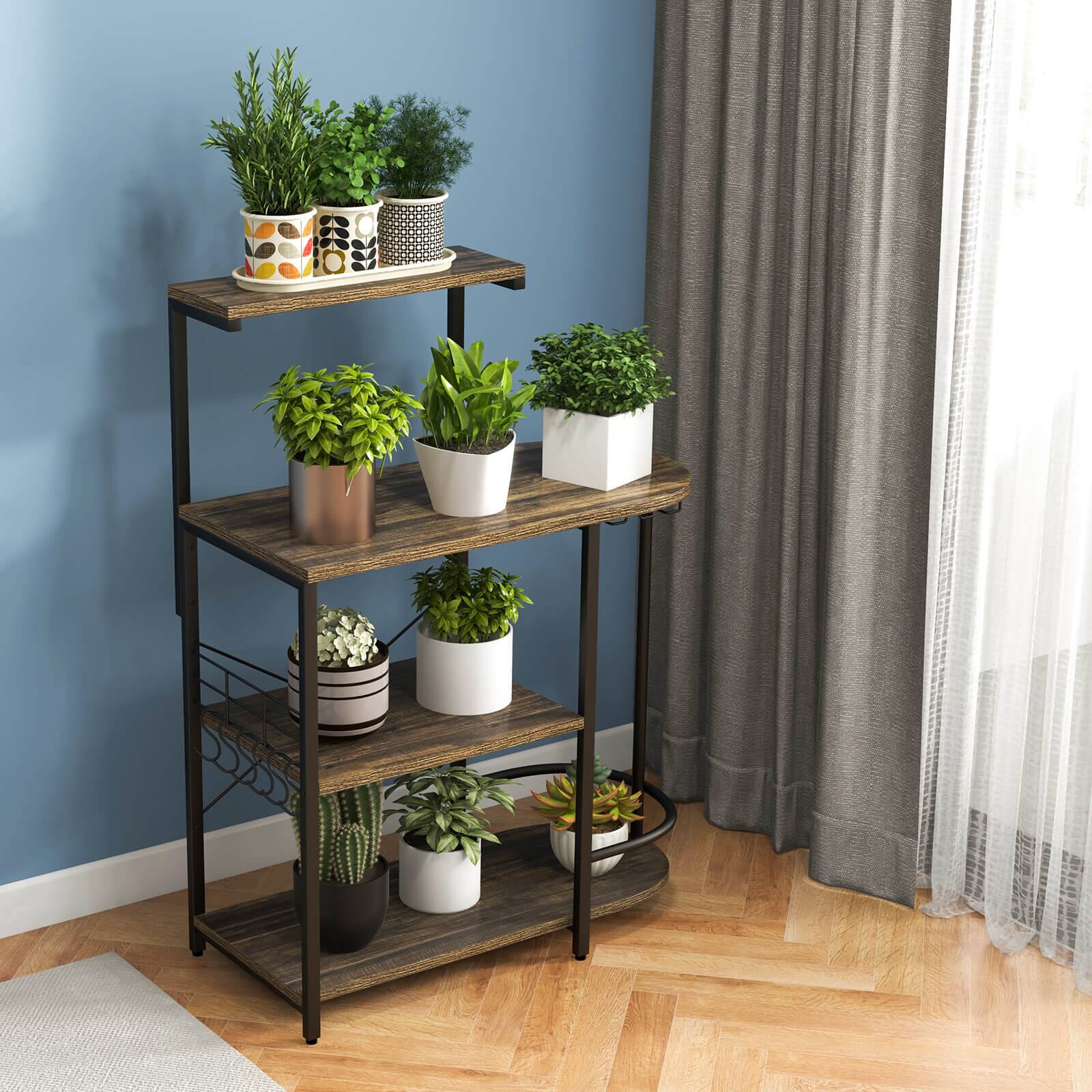 Angle. SlickBlue - Kitchen Bakers Rack 4-Tier Design with Stemware Holder and S-Hooks - Rustic Brown.