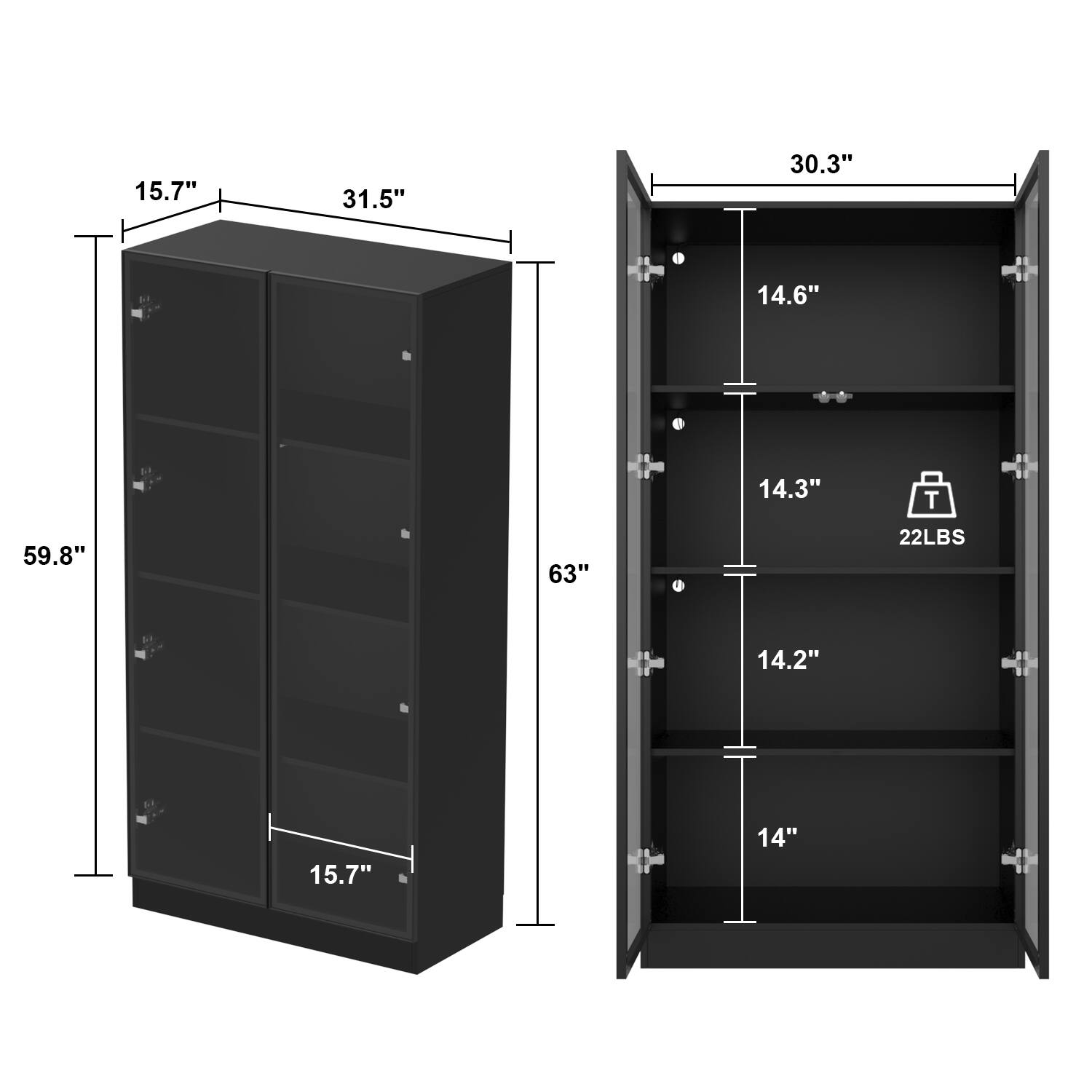 15.7", 31.5", 30.3", 14.6", 14.3", 59.8", 63", 22LBS, 14.2", 15.7", 14"