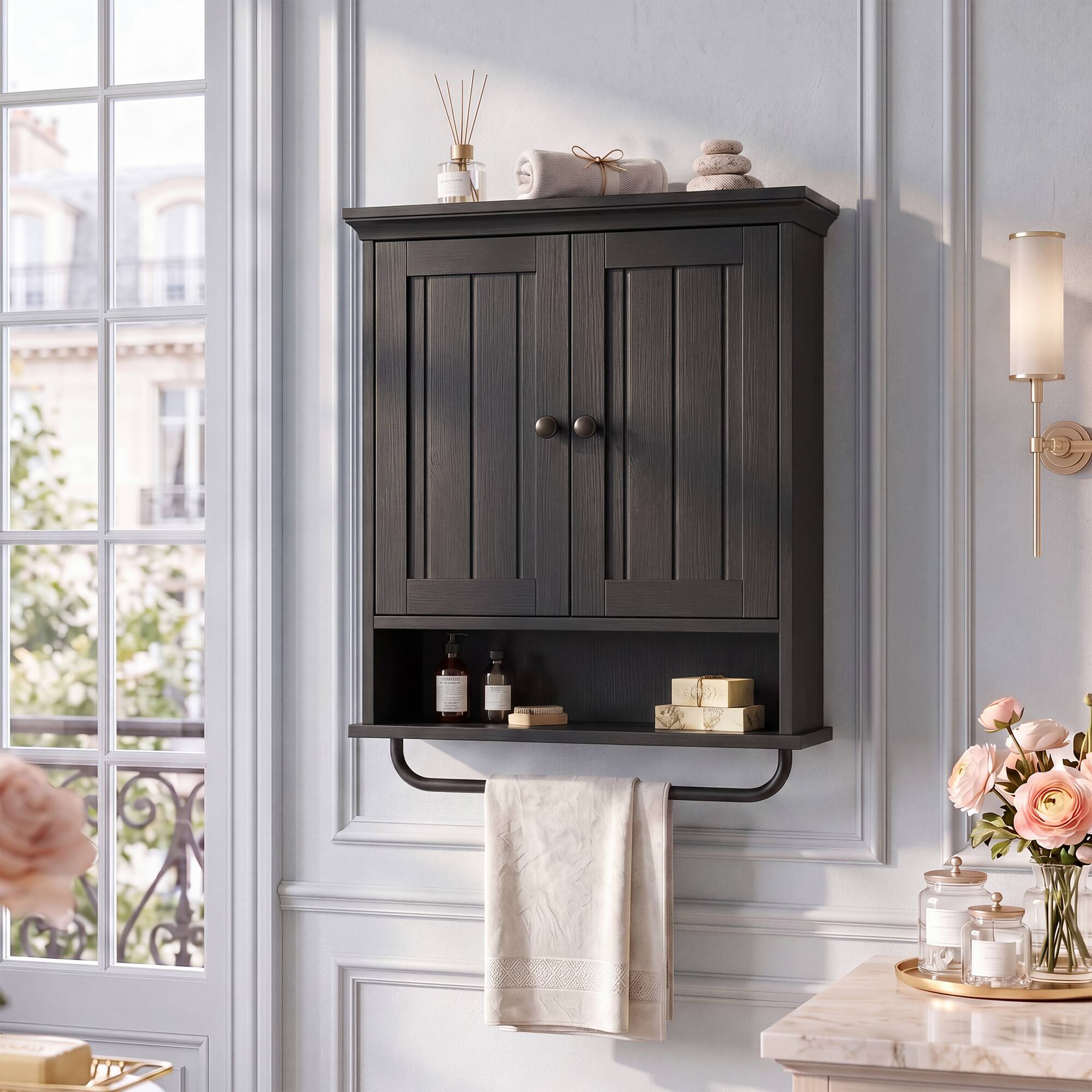 Alt View 2. Aheaplus - Wall Mounted Bathroom Cabinet, 2 Door Medicine Cabinet with Adjustable Shelves and Towel Bar - Black.