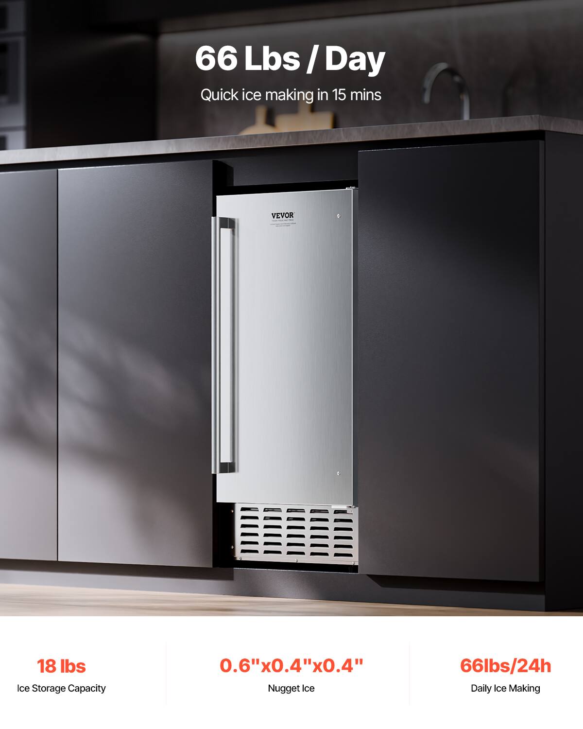 66 Lbs / Day  
Quick ice making in 15 mins  

18 lbs  
Ice Storage Capacity  

0.6" x 0.4" x 0.4"  
Nugget Ice  

66 lbs / 24h  
Daily Ice Making