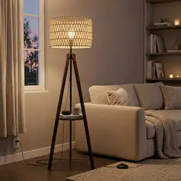 Malletson - 59" Tall Boho Tripod Floor Lamp with Shelves, Mid-Century Modern Wood Standing Lamp with Rattan and Fabric Shades