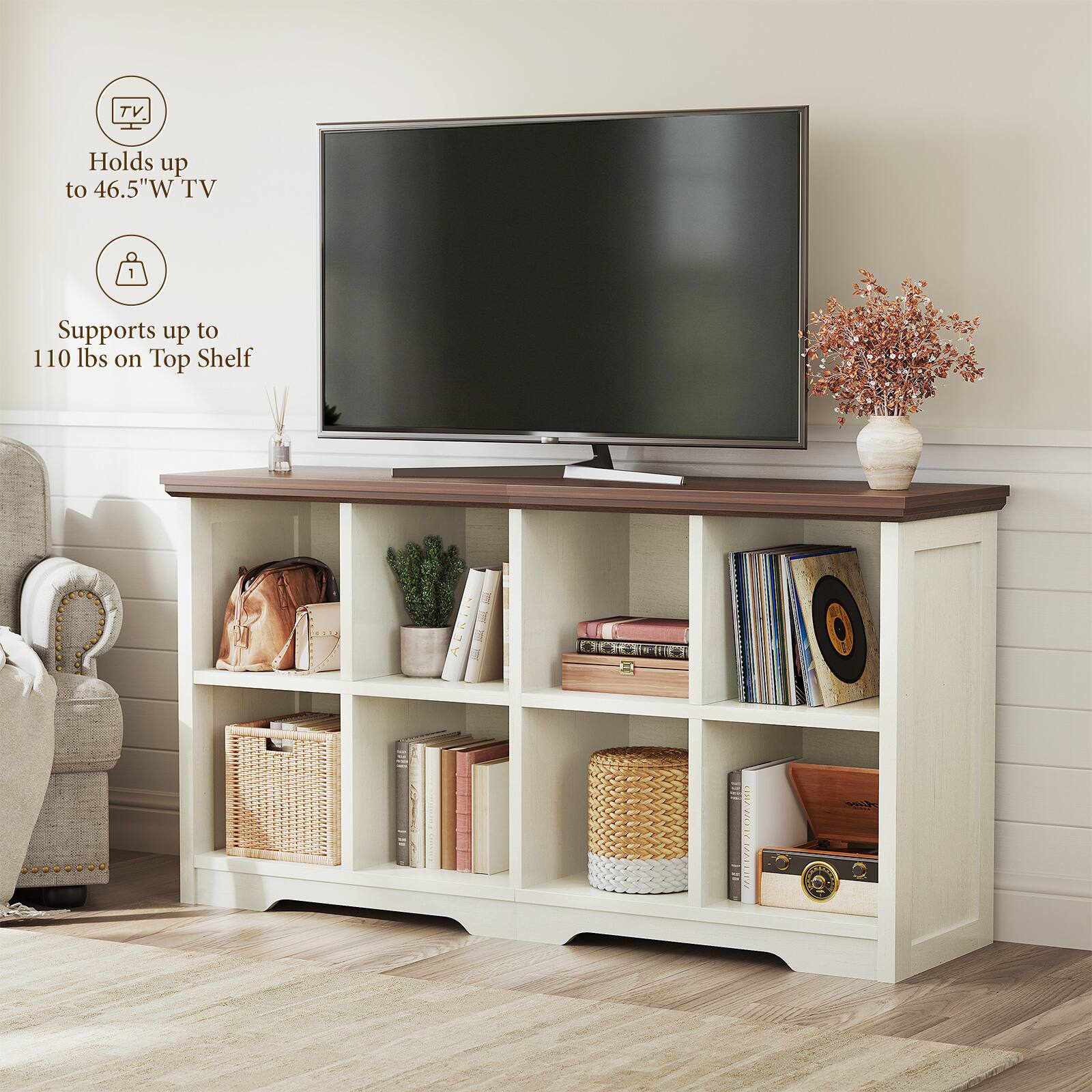 TV Holds up to 46.5" W TV  
1 Supports up to 110 lbs on Top Shelf  
ALKIR | + 211020E 1221