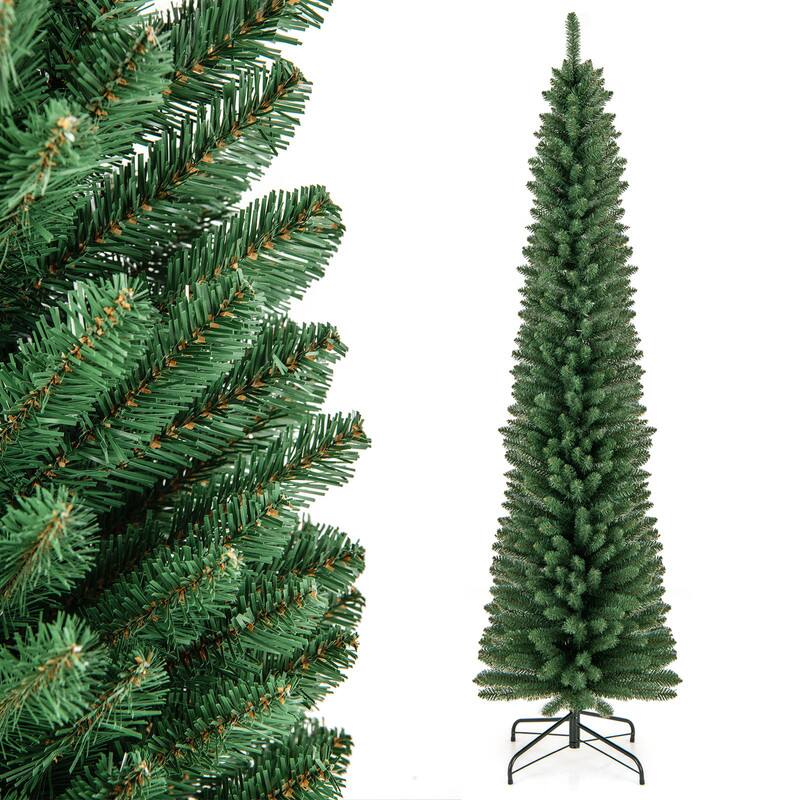 Front. WELLFOR - 7ft Unlit Artificial Christmas Tree, Slim Pencil Hinged Xmas Tree with 523 Branch Tips for Home Holiday Decoration - Green.