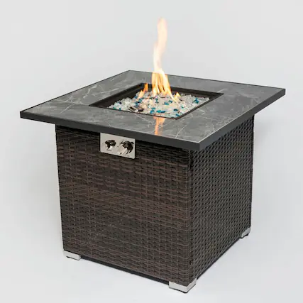 Front. Resenkos - 30" Propane Gas Fire Pit Table, 50000 BTU Square Fire Pit, Tile Tabletop with Beautiful Wicker Base, Brown.