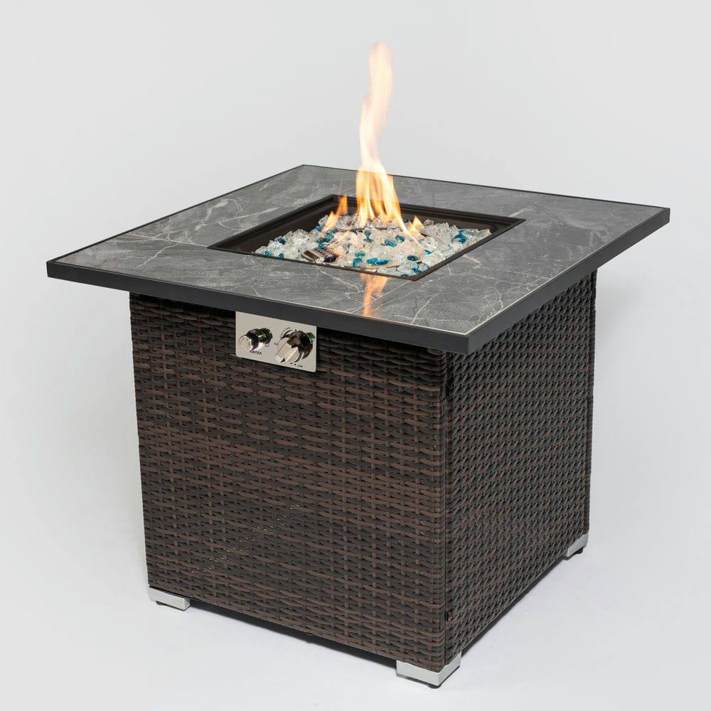 Front. Resenkos - 30" Propane Gas Fire Pit Table, 50000 BTU Square Fire Pit, Tile Tabletop with Beautiful Wicker Base, Brown.