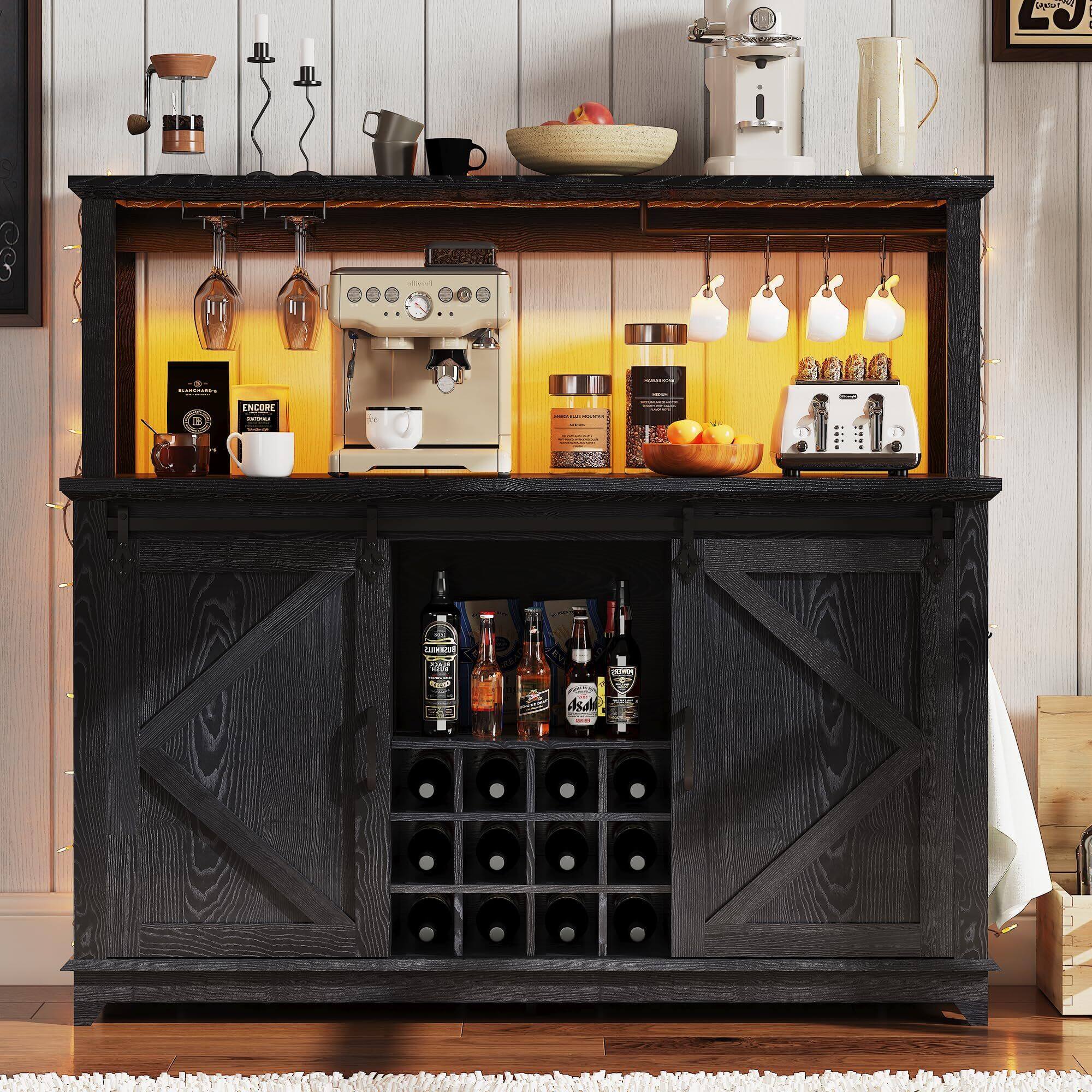 Acekool - 55" Farmhouse Coffee Bar Cabinet with Power Outlet & LED Light - Sliding Barn - Black