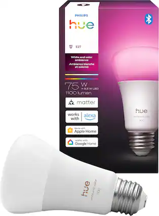 PHILIPS hue E27 White and color ambiance Ambiance blanche et colore 75 W = 9.5 W LED 1100 lumen matter works alexa with hue white and color 1100 Works with Apple Home works with Google Home