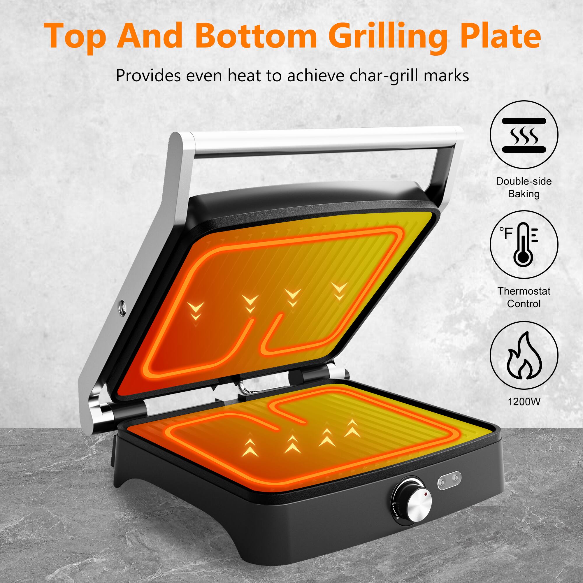 Top And Bottom Grilling Plate, Provides even heat to achieve char-grill marks, Double-side Baking, Thermostat Control, 1200W