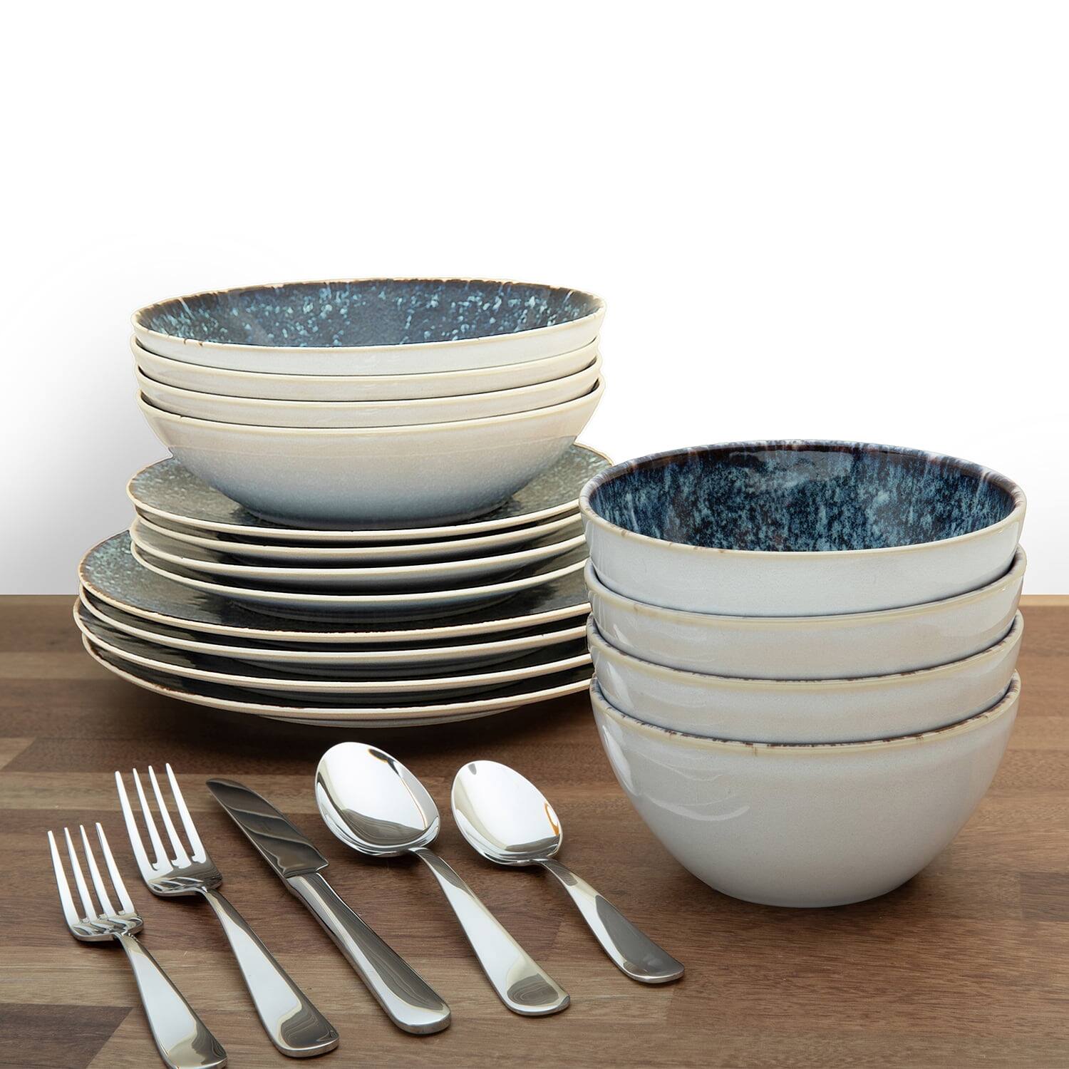 Left. Larder & Vine - 16-Piece Classic Dinnerware Set for 4, Ceramic Stoneware Made in Portugal - Bondi Waters.