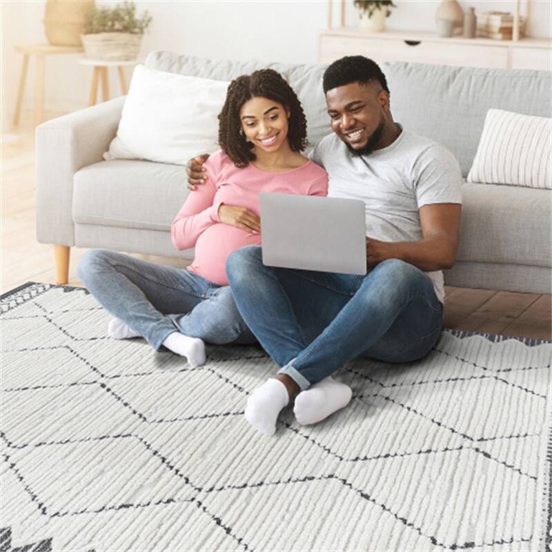 Alt View 3. HTUTWOO - 7'9''x 10' Area Rug - Cream Indoor Carpet, Modern Geometric Pattern, Non Shedding, for Bedroom, Kitchen, Living Room - Striped Cream.