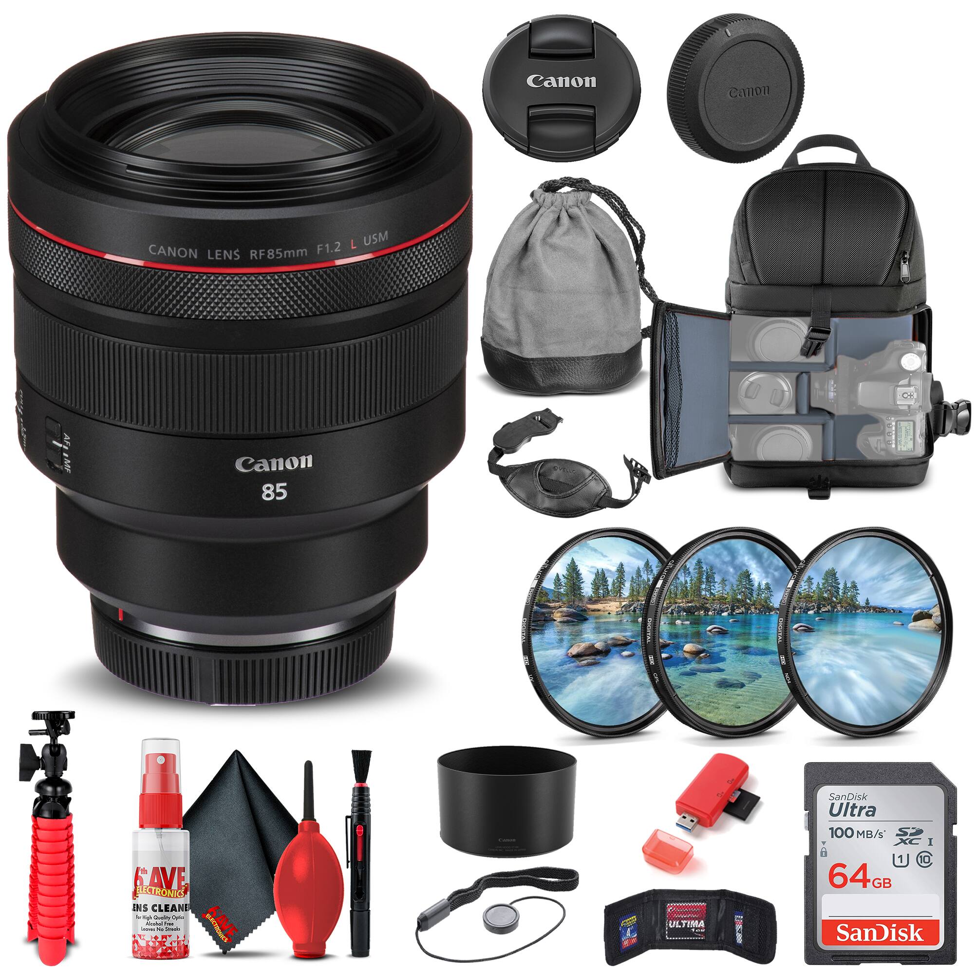 Canon Lens RF85mm F1.2 L USM  
Canon 85  
Canon Lens Cap  
Canon Lens Hood  
Lens Cleaning Kit (Lens Cleaner, Microfiber Cloth, Air Blower, Brush)  
Lens Bag  
Camera Backpack  
SanDisk Ultra 100 MB/s 64GB SD Card  
Memory Card Case  
USB Flash Drive  
Tripod