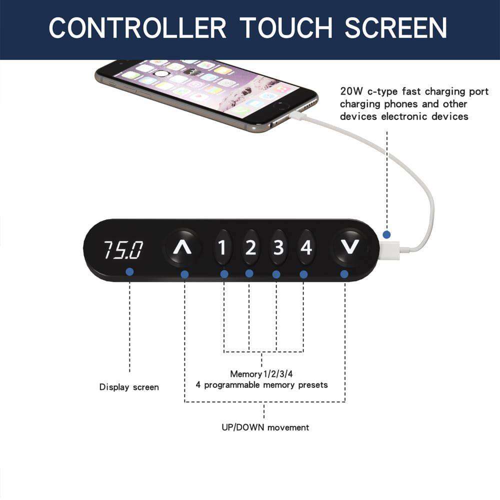 CONTROLLER TOUCH SCREEN

20W c-type fast charging port charging phones and other devices electronic devices

75.0 V

Display screen

Memory 1/2/3/4

4 programmable memory presets

UP/DOWN movement