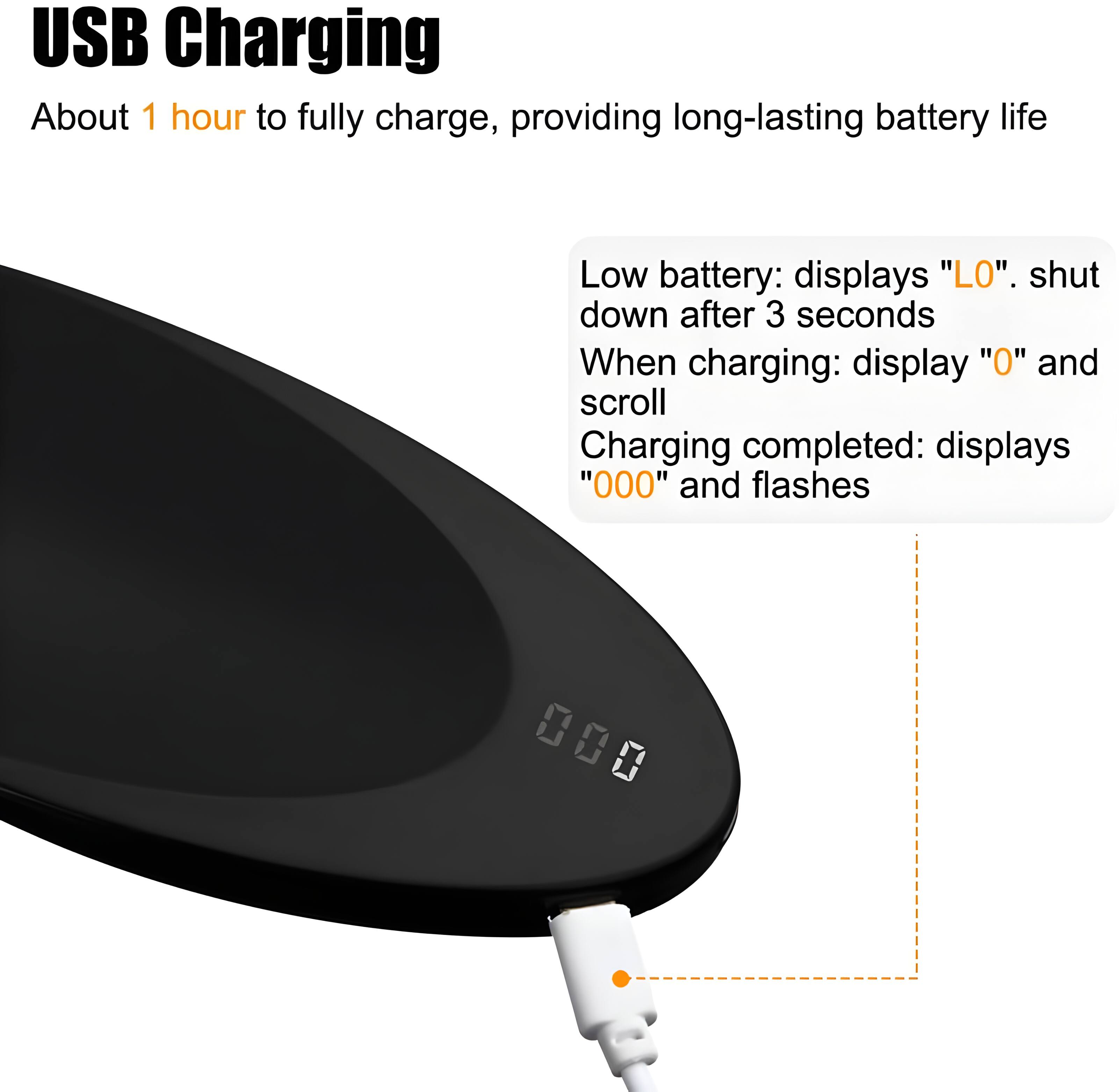 USB Charging

About 1 hour to fully charge, providing long-lasting battery life

Low battery: displays "LO". shut down after 3 seconds

When charging: display "O" and scroll

Charging completed: displays "000" and flashes