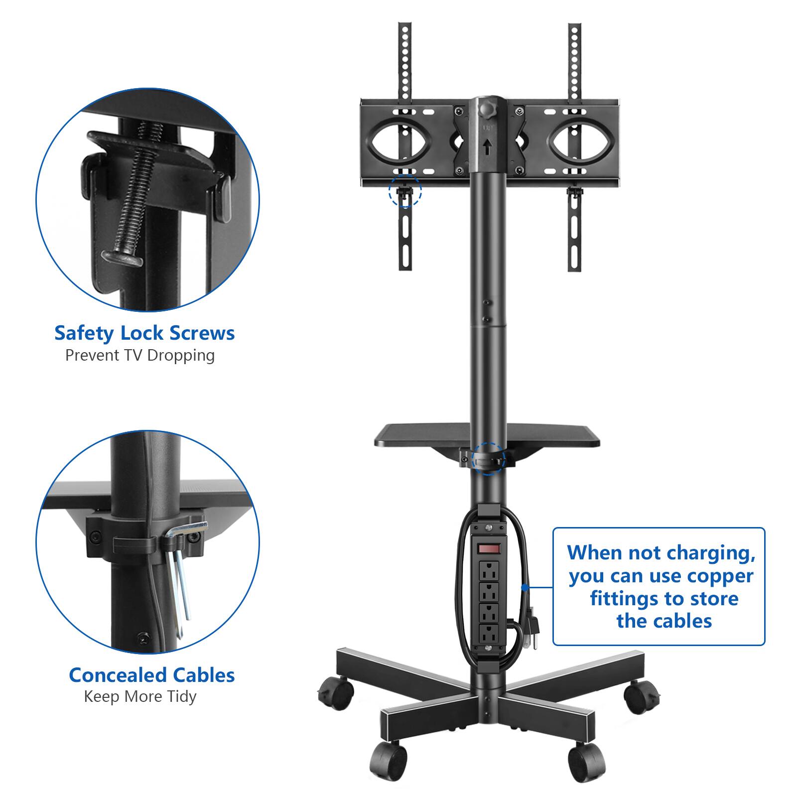 Safety Lock Screws Prevent TV Dropping

When not charging, you can use copper fittings to store the cables

Concealed Cables Keep More Tidy