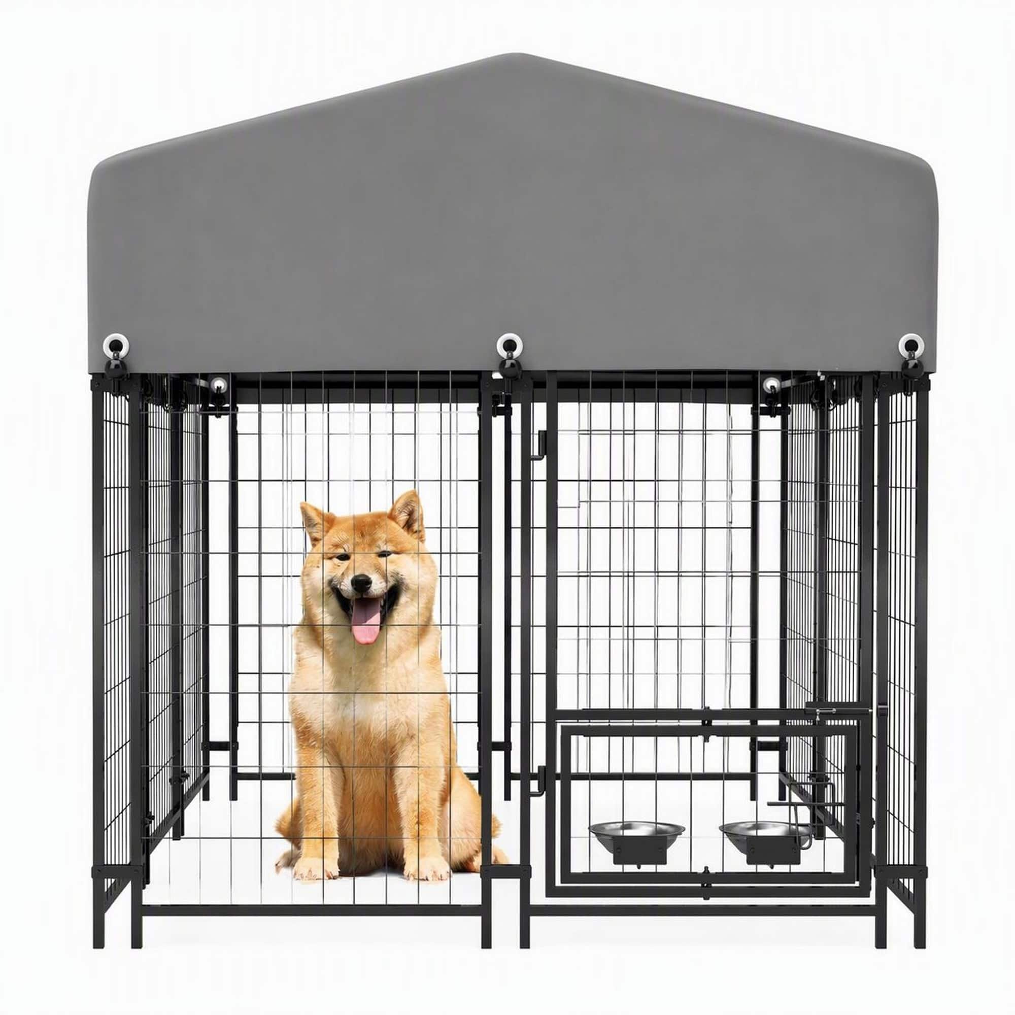 RYHNUYNE - Outdoor Dog Kennel with Roof, 4.23x5.82x4.83ft Welded Wire Enclosure, Heavy Duty Metal Dog Crate