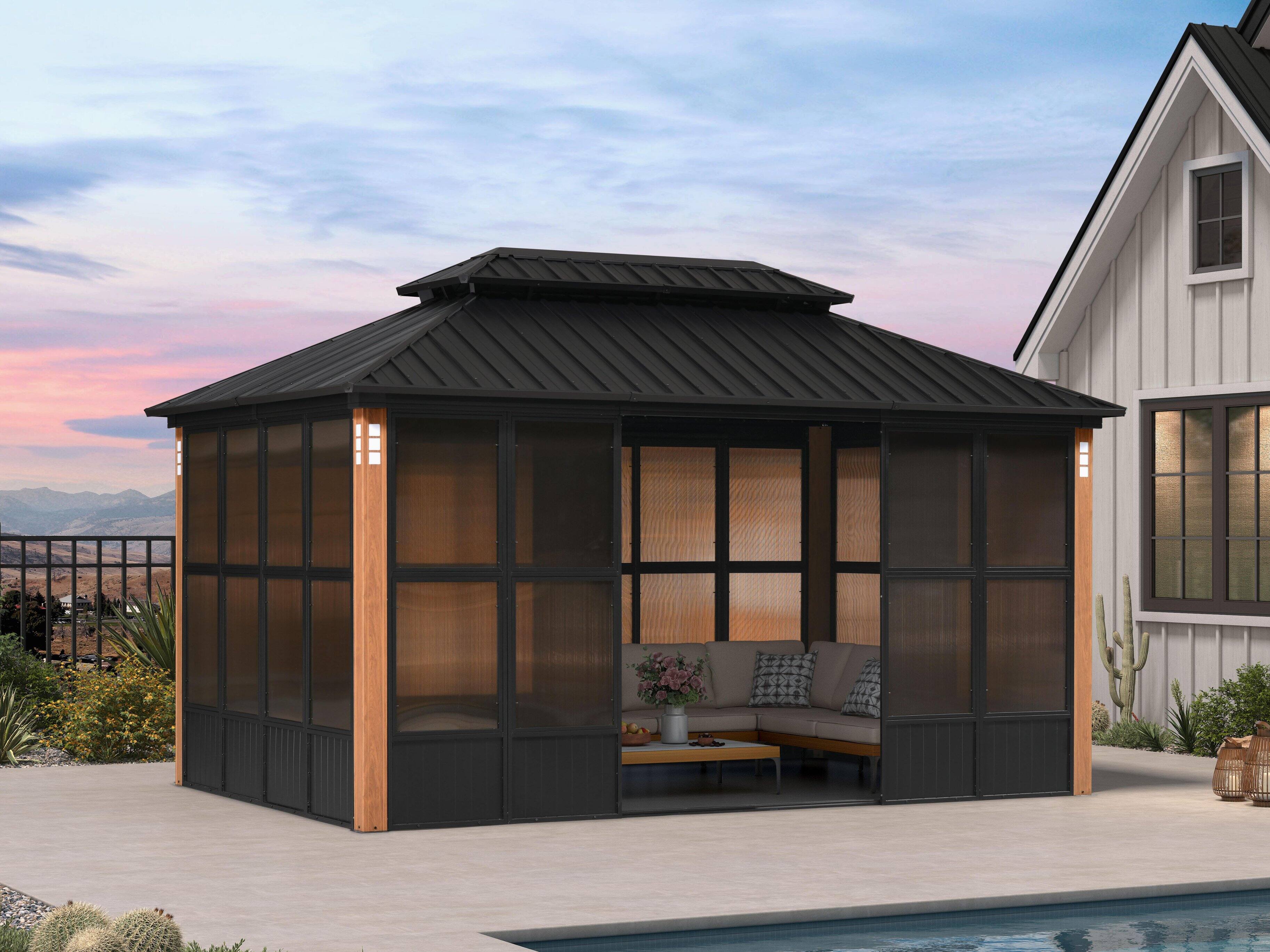 PURPLE LEAF - Sunroom Hardtop Gazebo Solarium Wood Grain Galvanized Steel Double Roof All-Weather Aluminum Outdoor Screen House - 10' X 15' price history on PriceWatchPro