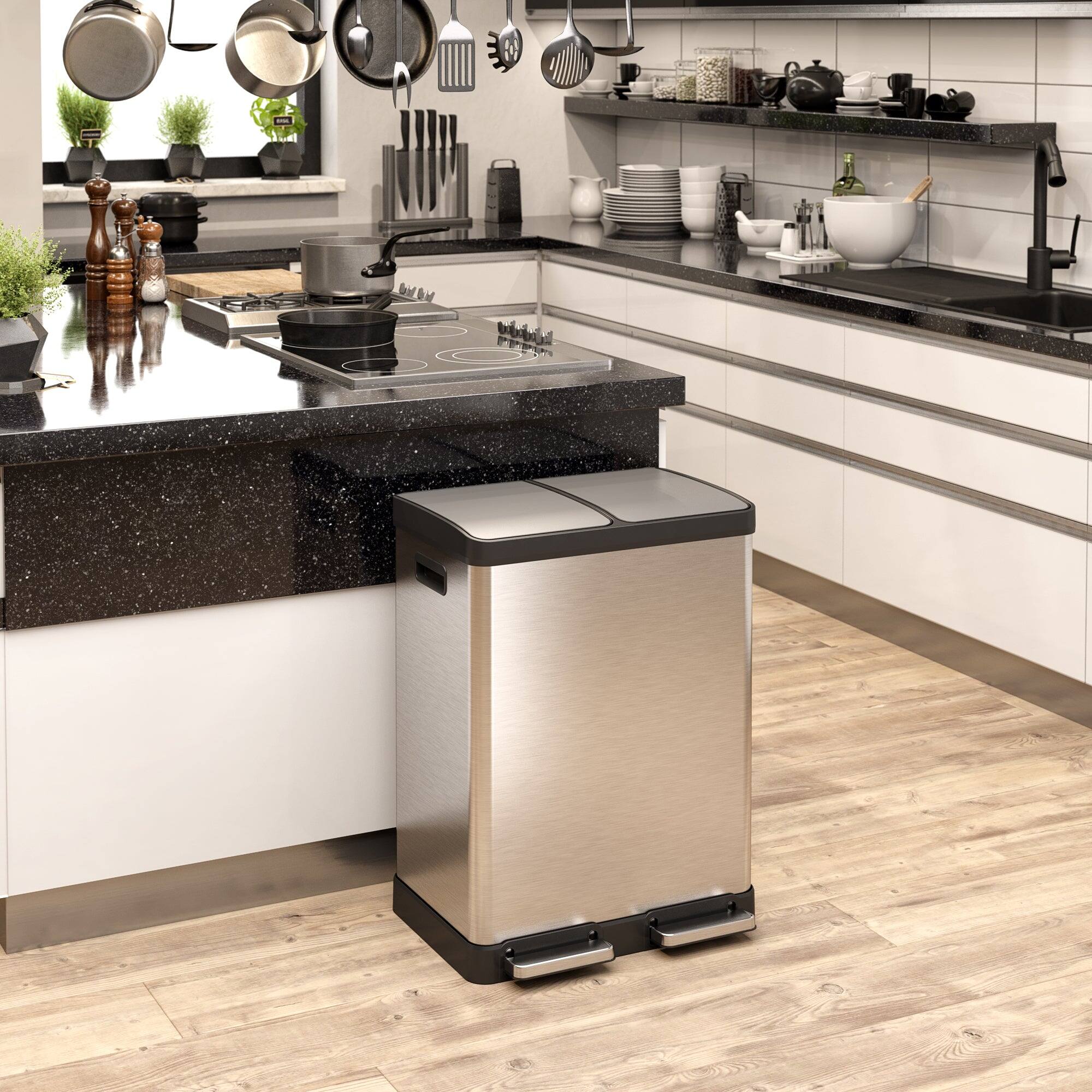 Alt View 1. iTouchless - 16 Gallon SoftStep Dual Compartment Stainless Steel Step Kitchen Trash & Recycle Bin with Dual AbsorbX Odor Filters - Silver.