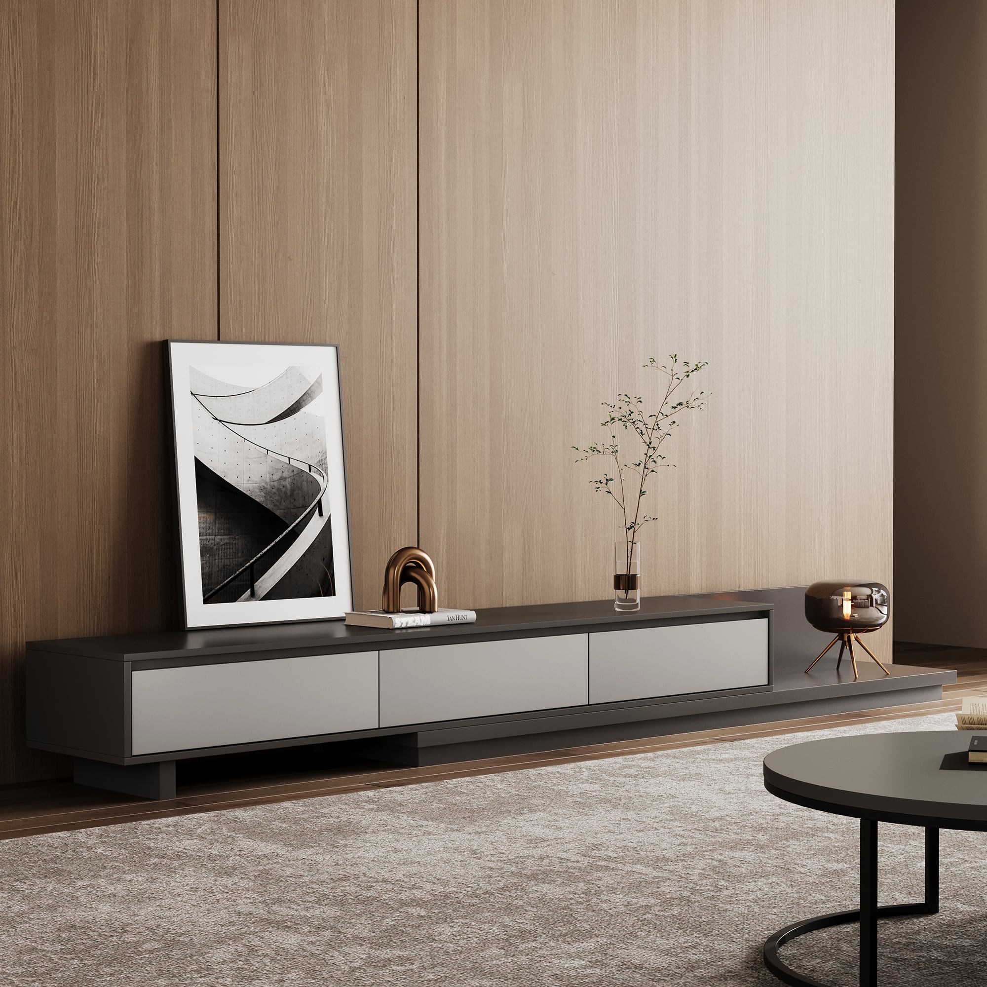 Front. luck idea - 78.7" Stretchable TV stand,tv console With Three Storage Drawers , Suitable for TVs up to 100 inches. - Gray.