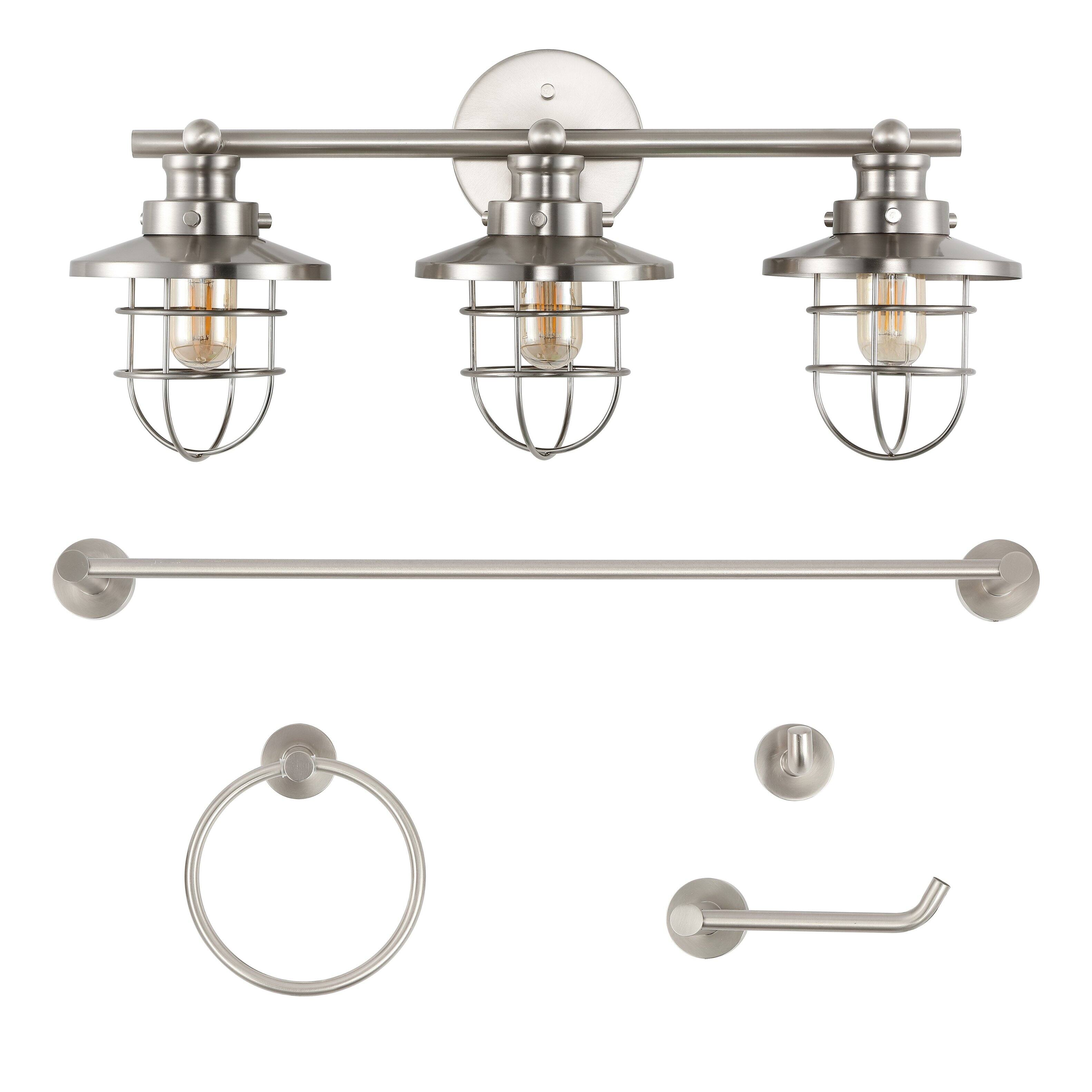 Alt View 7. Jonathan Y - Ellis 24" 3-Light Industrial Farmhouse Vanity Light with Bathroom Hardware Accessory Set, Brushed Nickel (5-Piece) - Brushed Nickel.