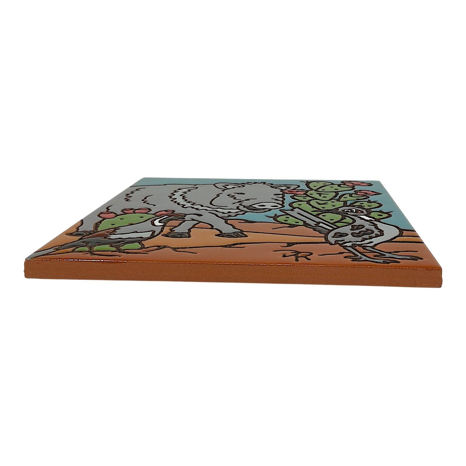 Back. Earthtones Tile - Earthtones Friends of the Southwest Javelina Roadrunner and Quail 6X6 Hand Glazed Decorative Tile - Multicolor.