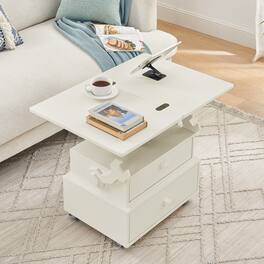 Loheer - Adjustable Height End Table Rolling Side Table with Charging Station Lift Top Multi-Functional Bedside Table - White