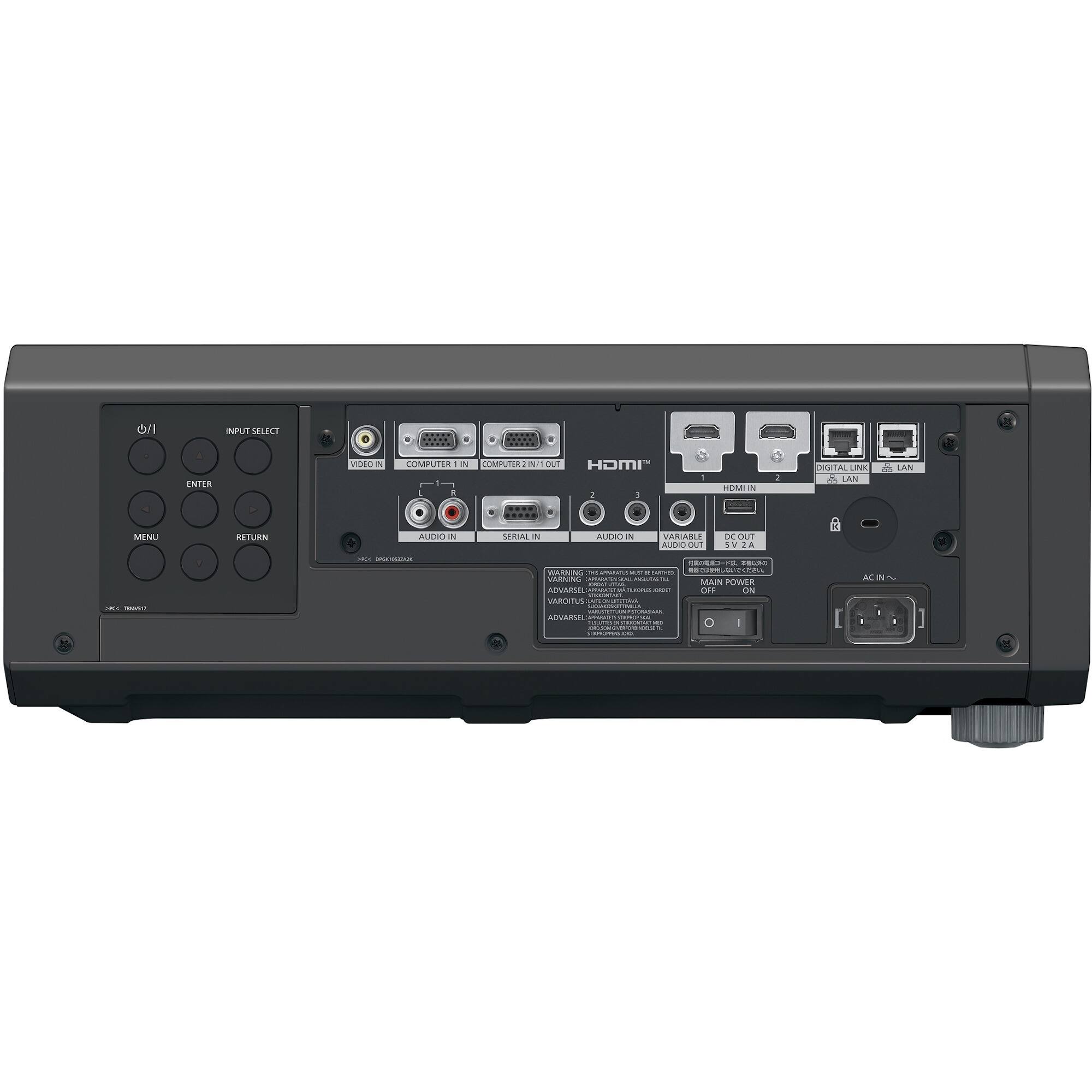 INPUT SELECT  
ENTER  
MENU  
RETURN  

VIDEO IN  
COMPUTER 1 IN  
COMPUTER 2 IN/1 OUT  
AUDIO IN  
SERIAL IN  

HDMI OUT  
HDMI IN  

DIGITAL LINK  
LAN  

DC OUT  
VARIABLE  

PC/PSU POWER  
AC IN  

WARNING:  
- DO NOT OPEN THE COVER.  
- DO NOT EXPOSE TO WATER.  
- DO NOT EXPOSE TO DIRECT SUNLIGHT.  
- DO NOT EXPOSE TO HIGH TEMPERATURES.  
- DO NOT EXPOSE TO HIGH HUMIDITY.  
- DO NOT EXPOSE TO DUST.  
- DO NOT EXPOSE TO VIBRATION.  
- DO NOT EXPOSE TO MAGNETIC FIELDS.  
- DO NOT EXPOSE TO ELECTRIC SHOCK.  

ADVERTENCIA:  
- NO ABRA EL COBERTO.  
- NO EXPOSICIÓN A AGUA.  
- NO EXPOSICIÓN A LA LUZ DIRECTA DEL SOL.  
- NO EXPOSICIÓN A TEMPERATURAS ALTAS.  
- NO EXPOSICIÓN A HUMEDAD ALTA.  
- NO EXPOSICIÓN A POLVO.  
- NO EXPOS