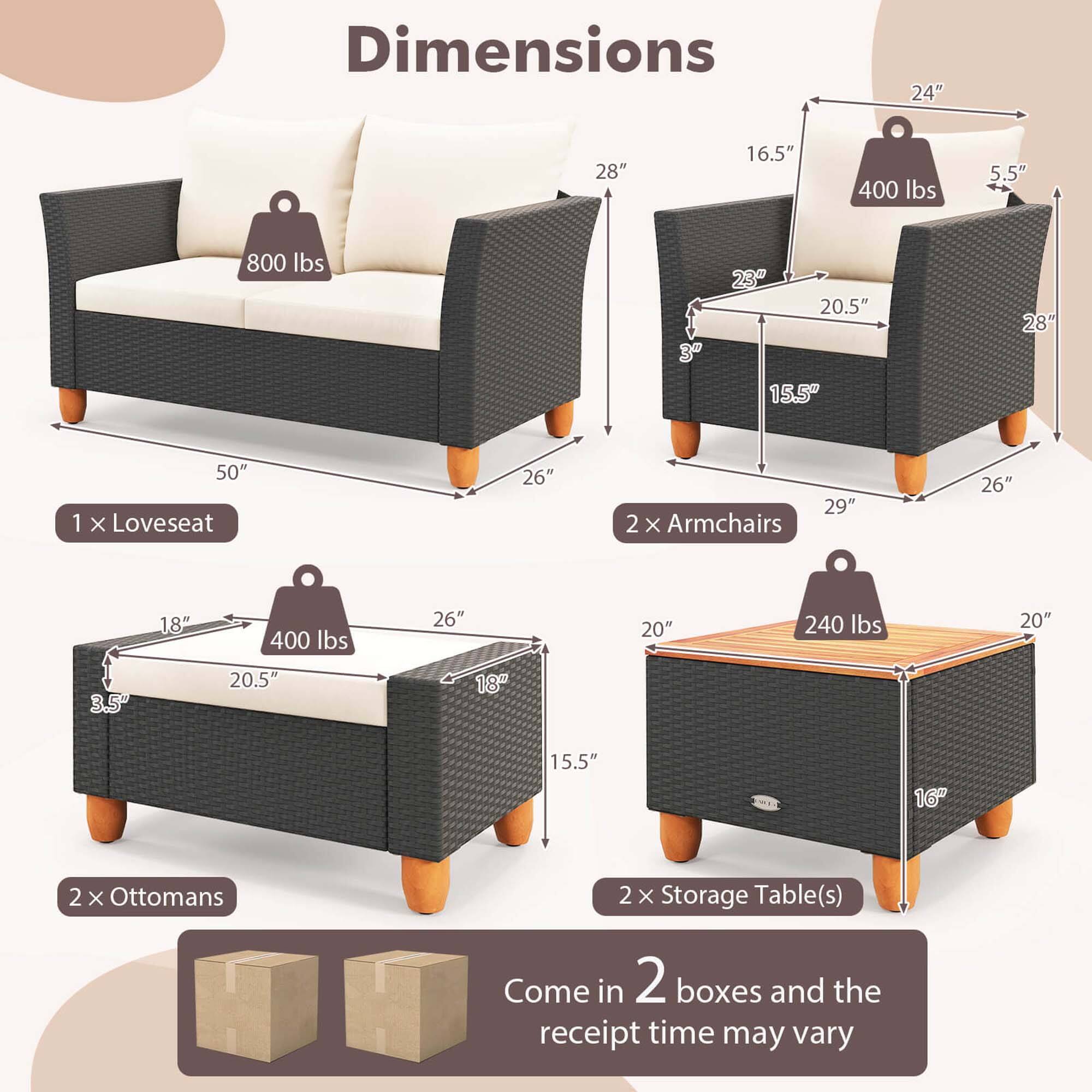 Dimensions: 24" 28" 16.5" 400 lbs 5.5" 800 lbs 3" 23" 20.5" 28" 15.5" 1 50" Loveseat 26" 29" 2 x Armchairs 26" 18" 400 lbs 26" 20" 240 lbs 20" 3.5" 20.5" 18" 15.5" 16" 2 x Ottomans 2 x Storage Table(s) Come in 2 boxes and the receipt time may vary.