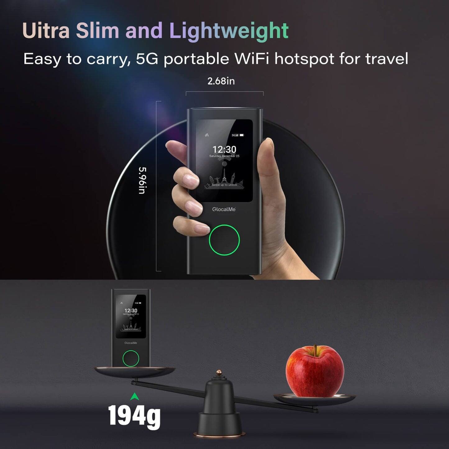 Ultra Slim and Lightweight  
Easy to carry, 5G portable WiFi hotspot for travel  
2.68in x 5.96in  
12:30  
GlocalMe  
194g