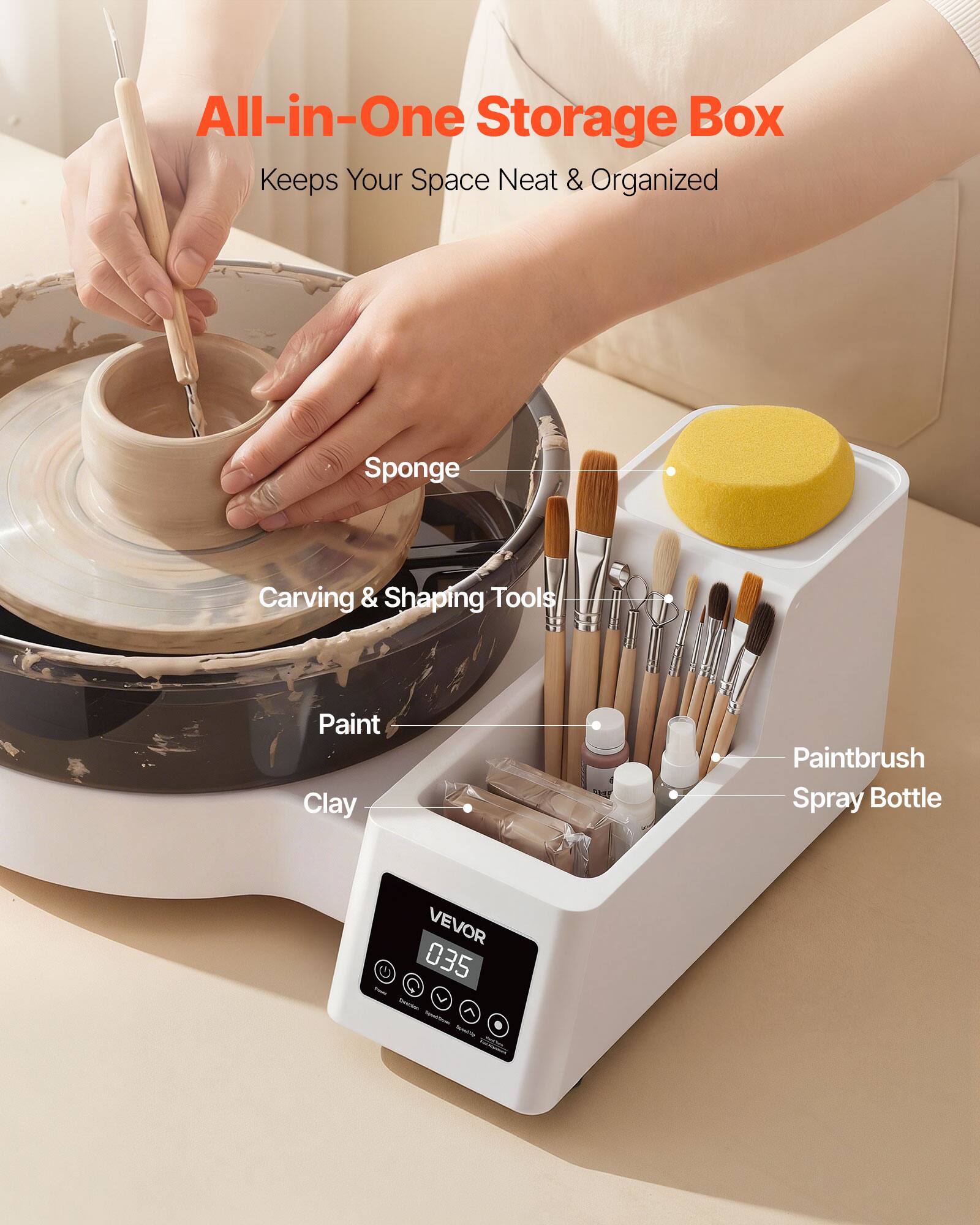 All-in-One Storage Box Keeps Your Space Neat & Organized

- Sponge
- Carving & Shaping Tools
- Paint
- Clay
- Paintbrush
- Spray Bottle

VEVOR 035
