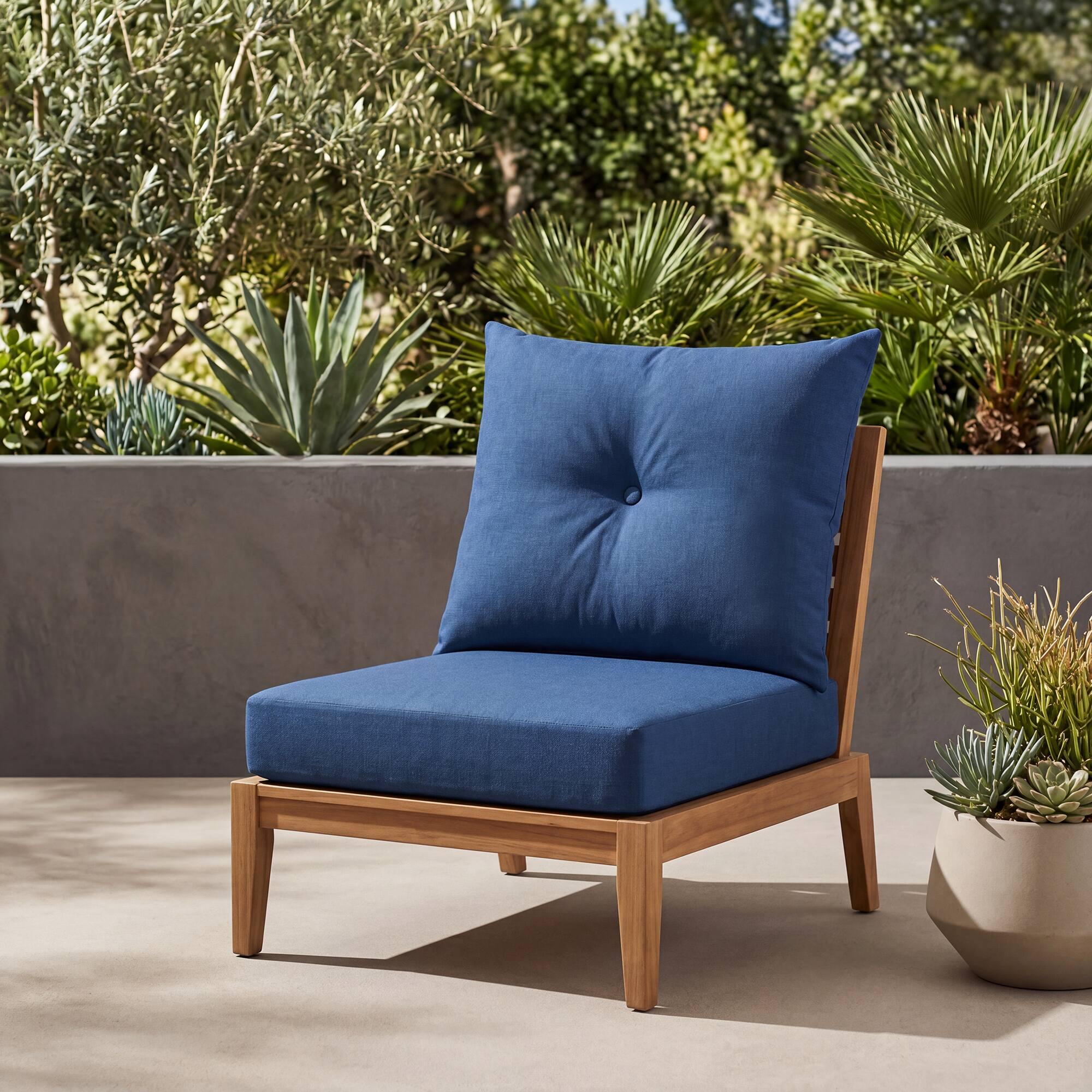 Left. Nuu Garden - 23 x 24 Inch Outdoor Olefin Chair Cushion Set, Tufted Design - Blue.
