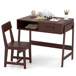 Costway - Kids Desk and Chair Set with Storage Drawer and Hutch, Student Writing Desk Set - Brown