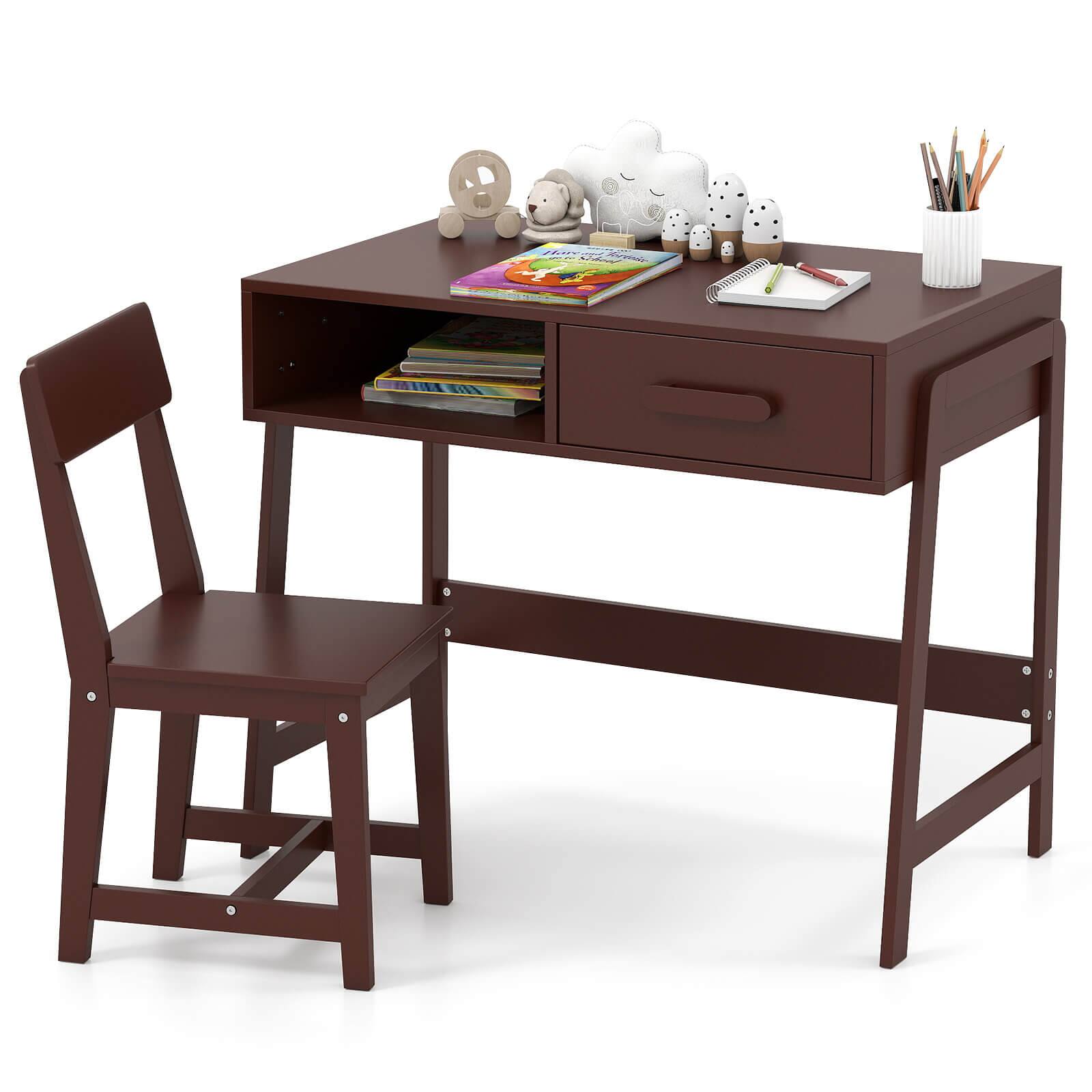 Front. Costway - Costway Kids Desk and Chair Set with Storage Drawer and Hutch, Student Writing Desk Set - Brown.