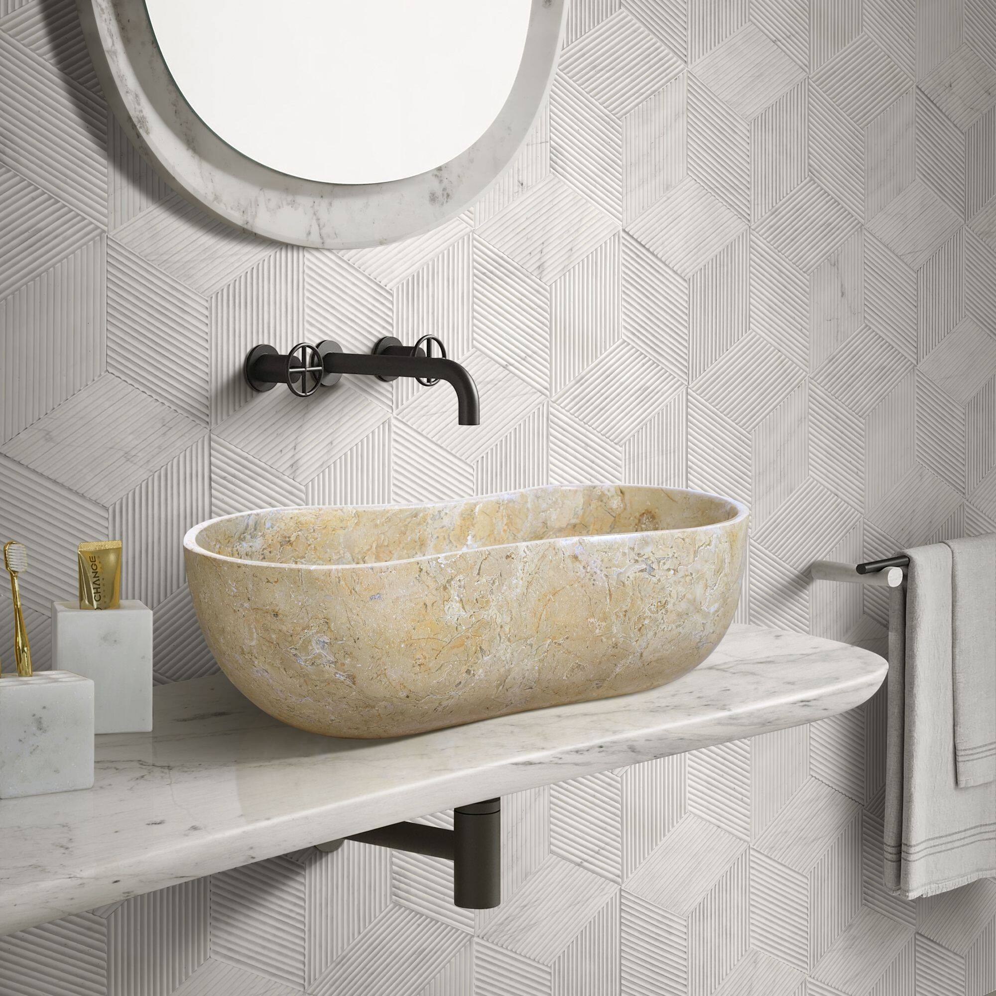 Left. ELEMENT ACE - Elegant Natural Marble Bathroom Vessel Sink with Polished Surface and Unique Veining Patterns - Beige+Gold,Beige+yellow,Gold.