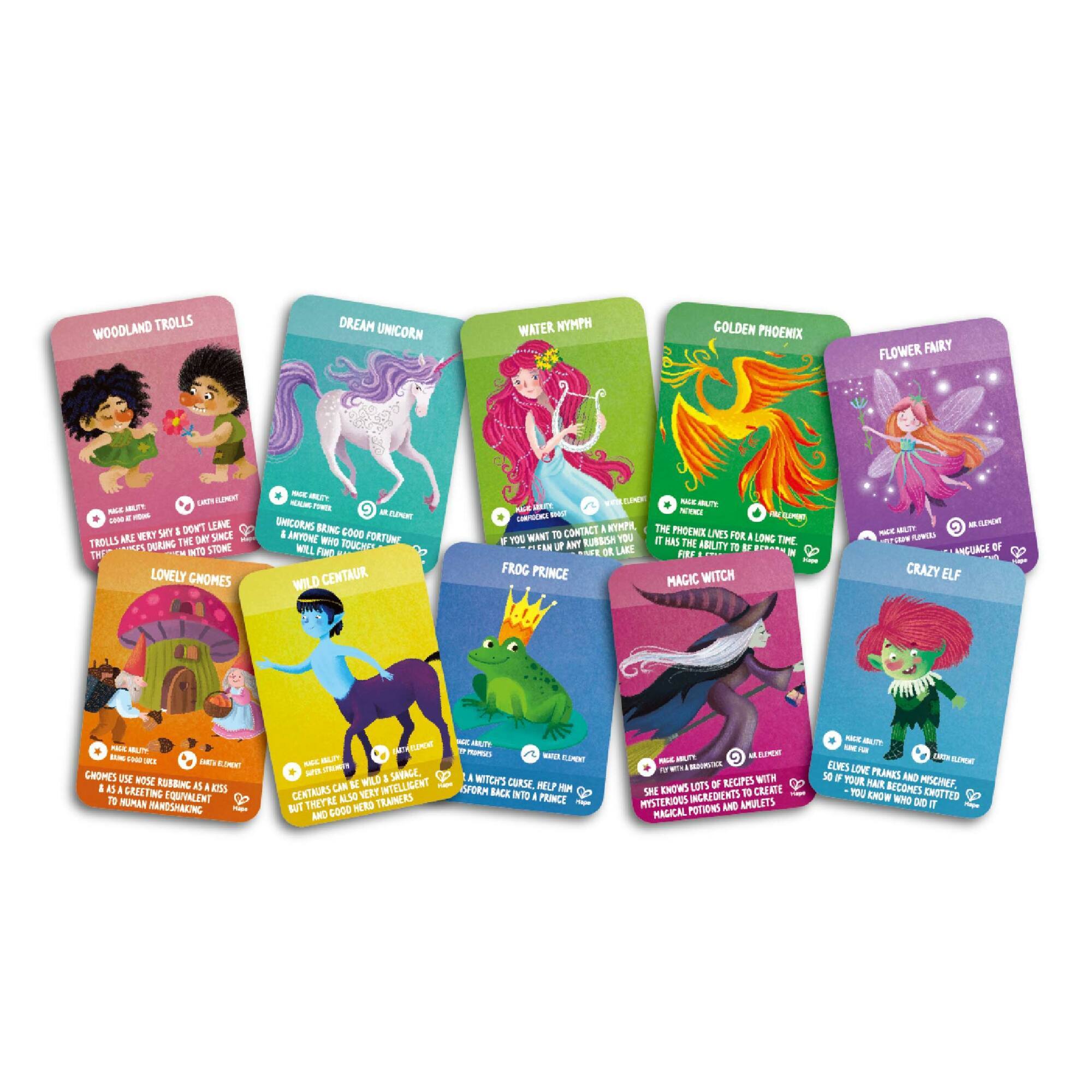 The image features a collection of cards, each with a different character or creature on them. The characters include a unicorn, a fairy, a troll, a dragon, a mermaid, a witch, and a centaur. The cards are arranged in a circular fashion, with each card showing a unique illustration of the character or creature. The cards are likely meant for a game or activity, as they represent various elements of fantasy and mythical creatures.