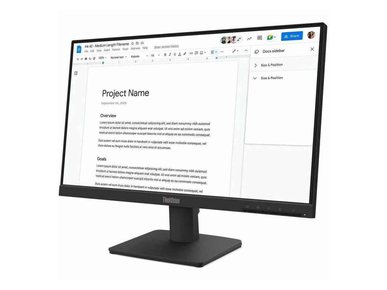Share Medium Length Filename Ink 42 Tools Add-ons Help View Insert Format FOr Fot 100% Normal text Roboto 10 - 2 1 1 EE Docs sidebar Size & Position x Size & Position Project Name September de 20XX Overview Lorem ipsum dolor sit amet consectetuer adipiscing elit sed diam nonummy euismod tincidunt ut laoreet dolore magna aliquam erat volutpat Ut wisi enim ad minim veniam quis nostrud exerci tation ullamcorper suscipit lobortis nisl ut aliquip ex ea commodo consequat Duis autem vel eum irure dolor in hendrerit in vulputate velit esse molestie consequat, vel um dolore e feugiat nulla facilisis at vero eros et accumsan Goals Lorem ipsum dolor sit amet consectetuer adipiscing elit sed diam nonummy nibh euismod magna aliquam erat volutpat nostrud wisi enim ad minim veniam, quis suscipit lobortis nisl ut aliquip ex ea commodo consequat vel um inlure dolor in hendrerit in vulputate velit esse molestie consequat, vel um dolore e feugiat nulla facilisis at vero eros et accumsan