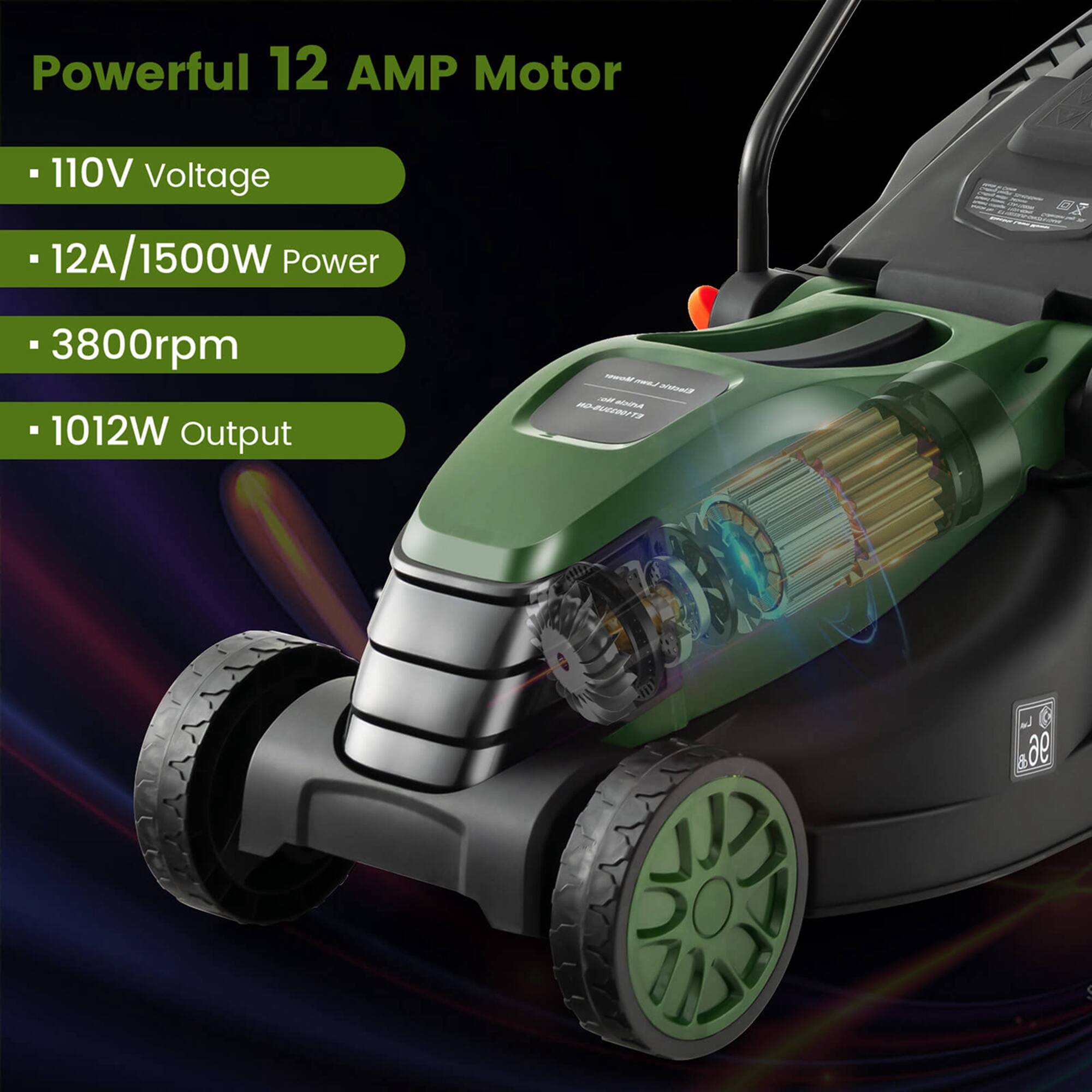The text on the image reads: "Powerful 12 AMP Motor 110V Voltage 12A/1500W Power 3800rpm 1012W Output."
