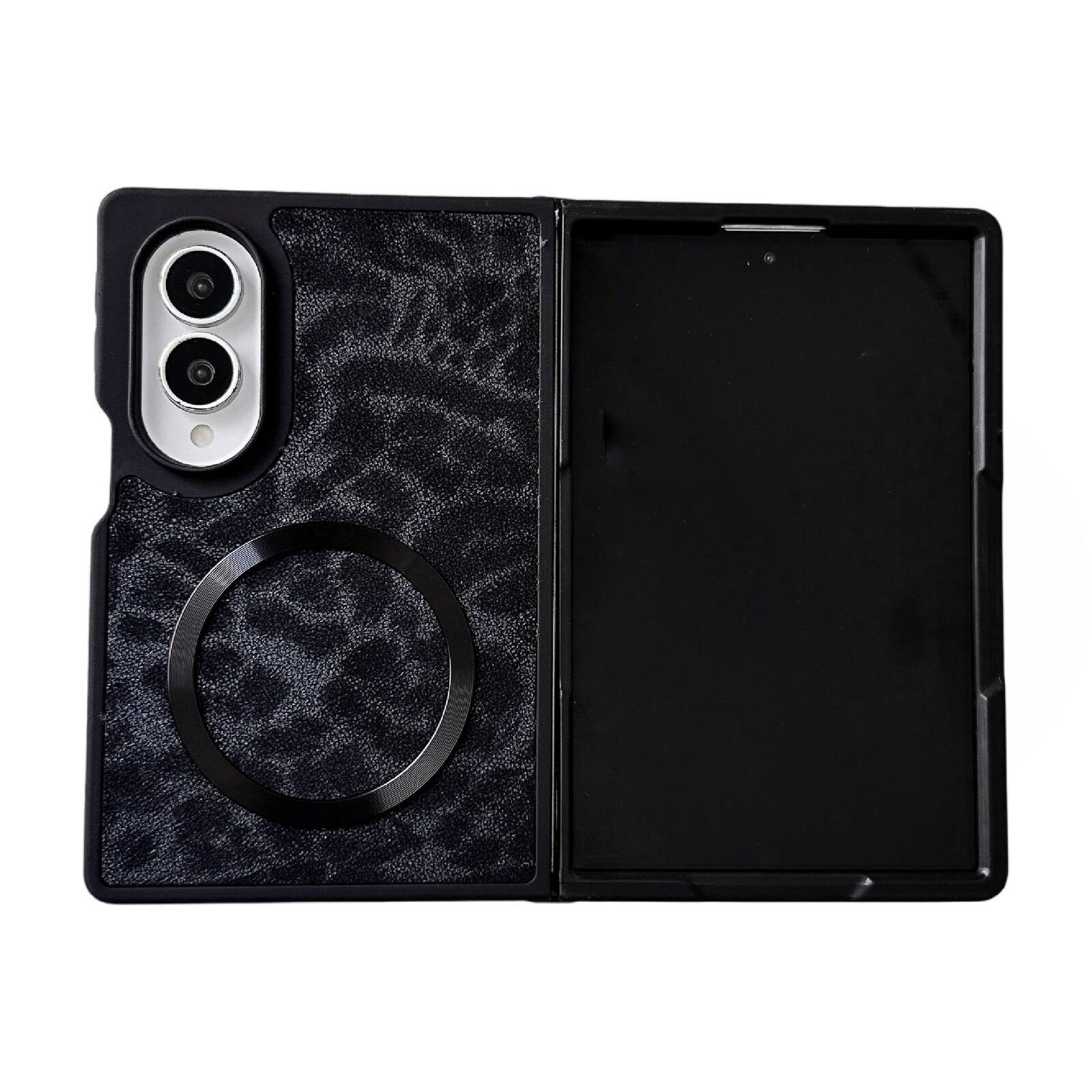 Angle. Dteck - Vintage Leopard Print Faux Leather Magnetic Case with Metal Ring Wireless Charging Cover for Samsung Galaxy Z Fold 8 - Black.