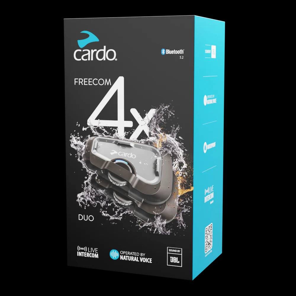 cardo.  
Bluetooth 5.2  
FREECOM 4x  
cardo  
DUO  
((101)) LIVE INTERCOM  
OPERATED BY NATURAL VOICE  
SOUND BY JBL