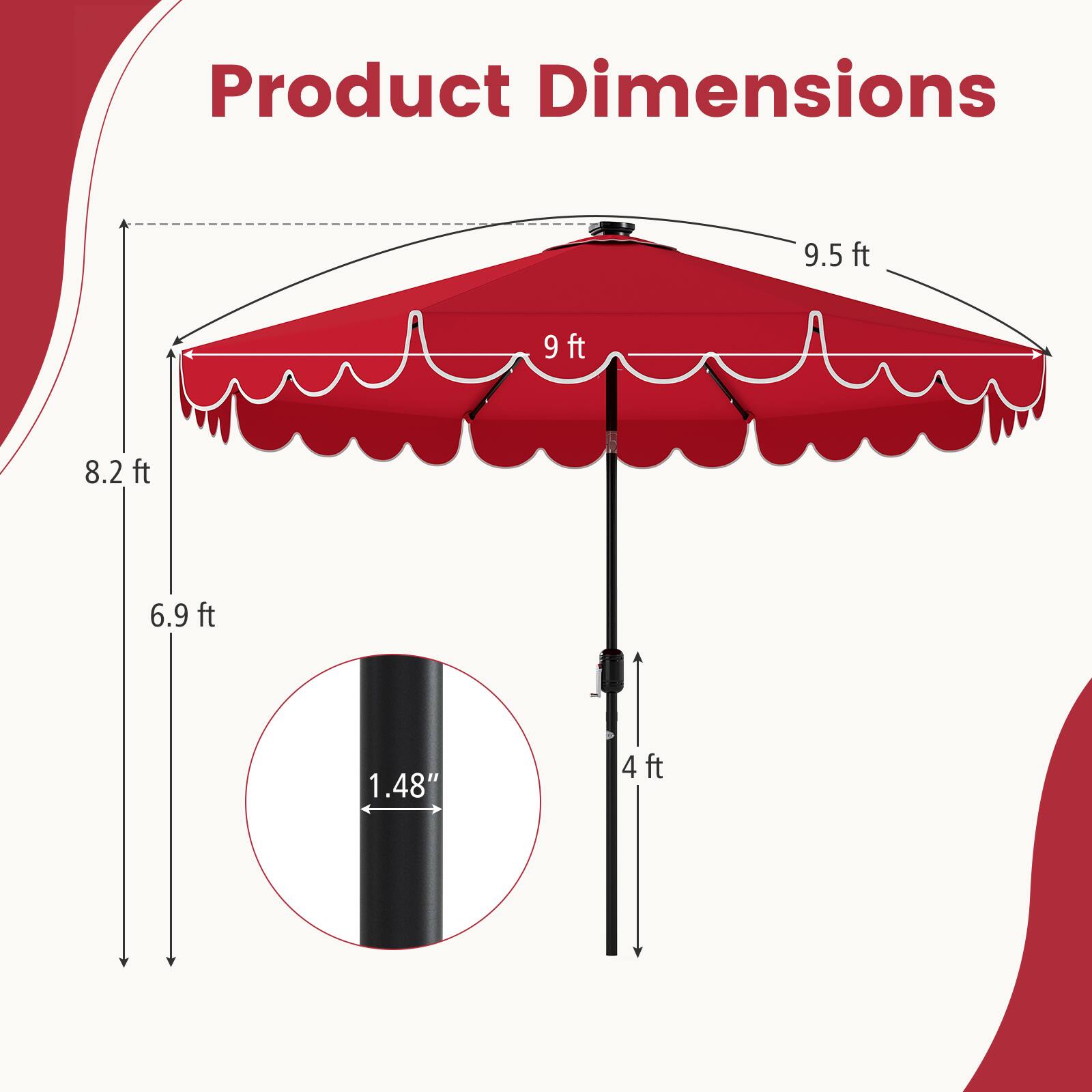Product Dimensions 9.5 ft 9 ft 8.2 ft 6.9 ft 1.48" 4 ft