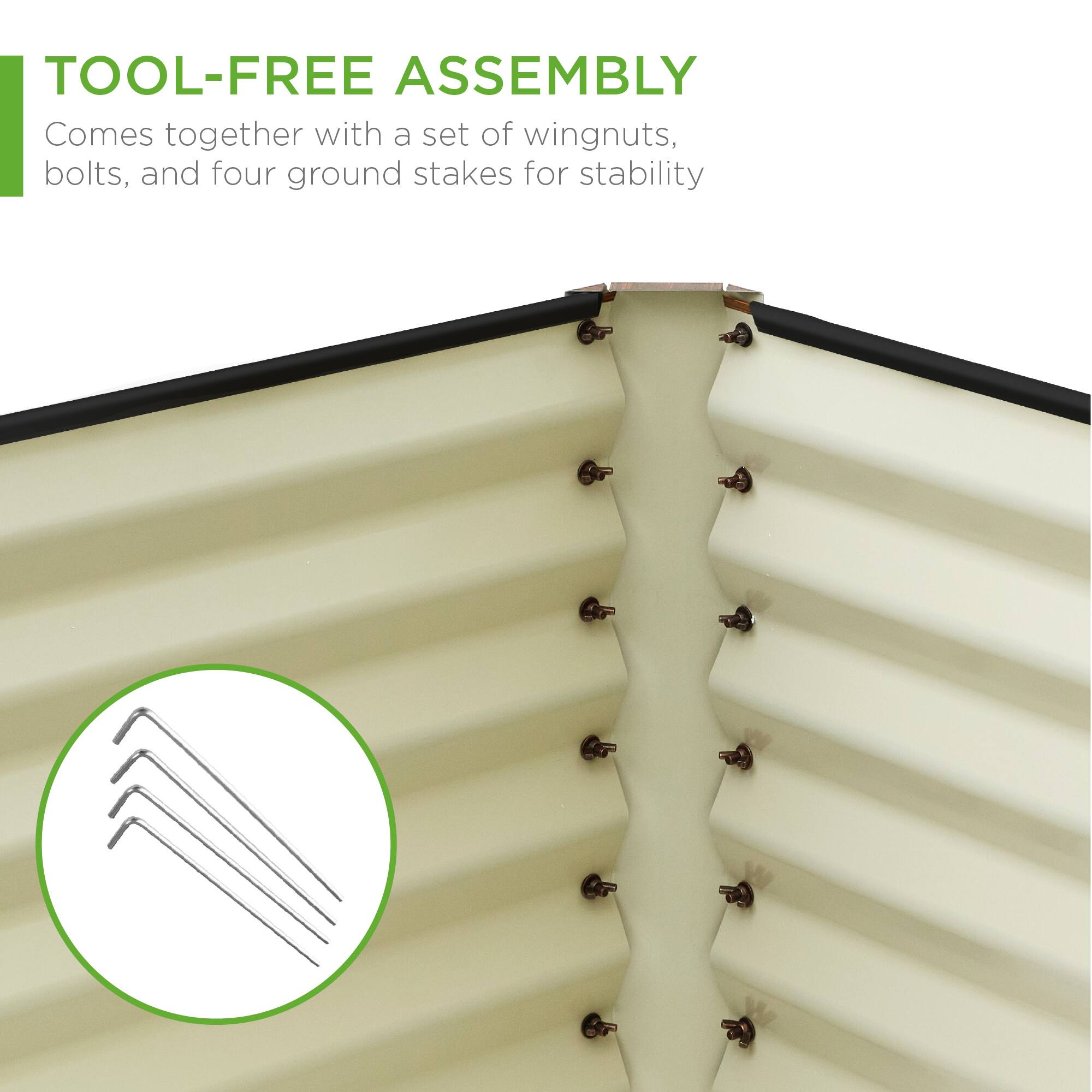 TOOL-FREE ASSEMBLY  
Comes together with a set of wingnuts, bolts, and four ground stakes for stability