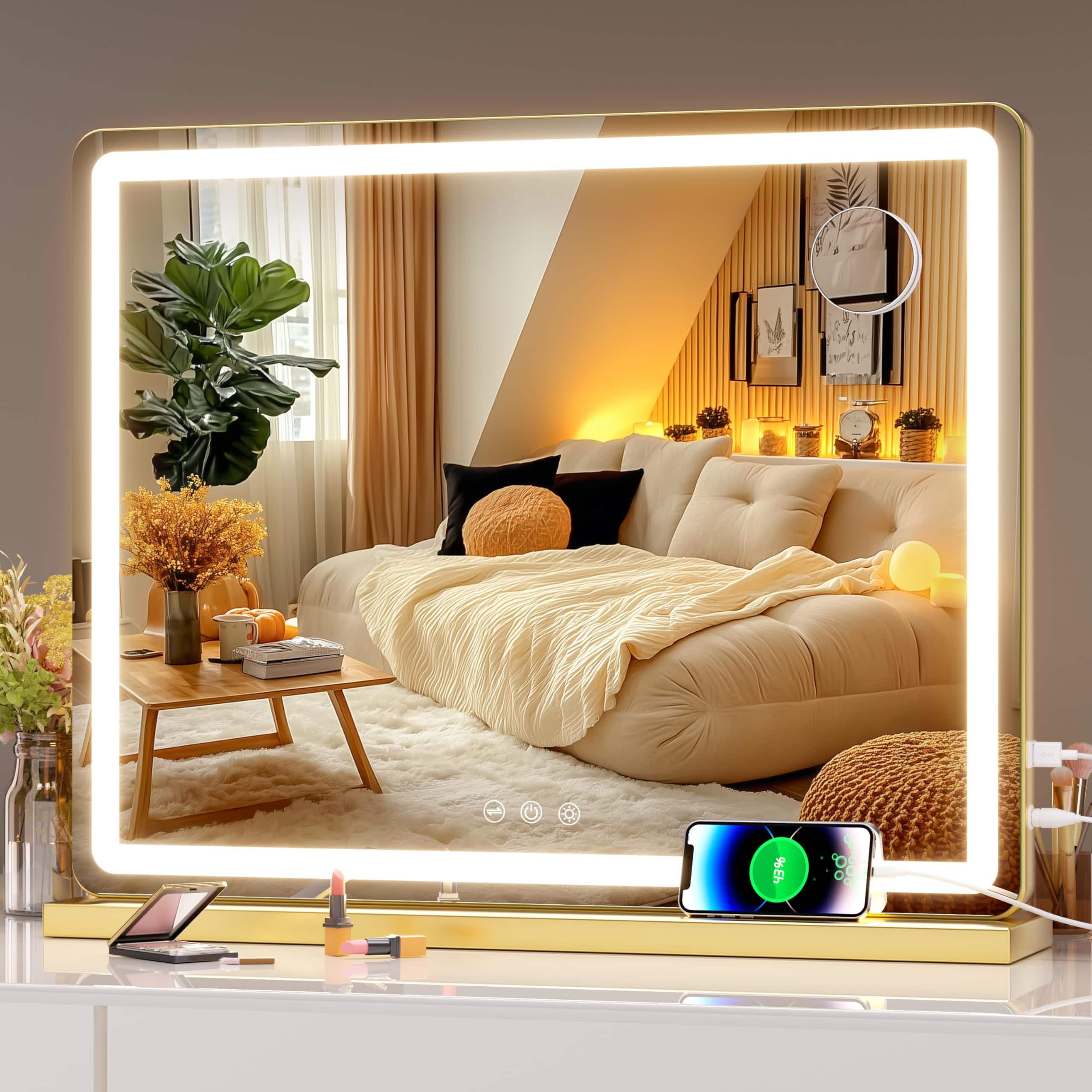 Hanke - Vanity Mirror With Lights 31 Led Makeup Lighted Dimmable 3 Modes Touch Screen Control Round - Gold 22.8"L x 18"W