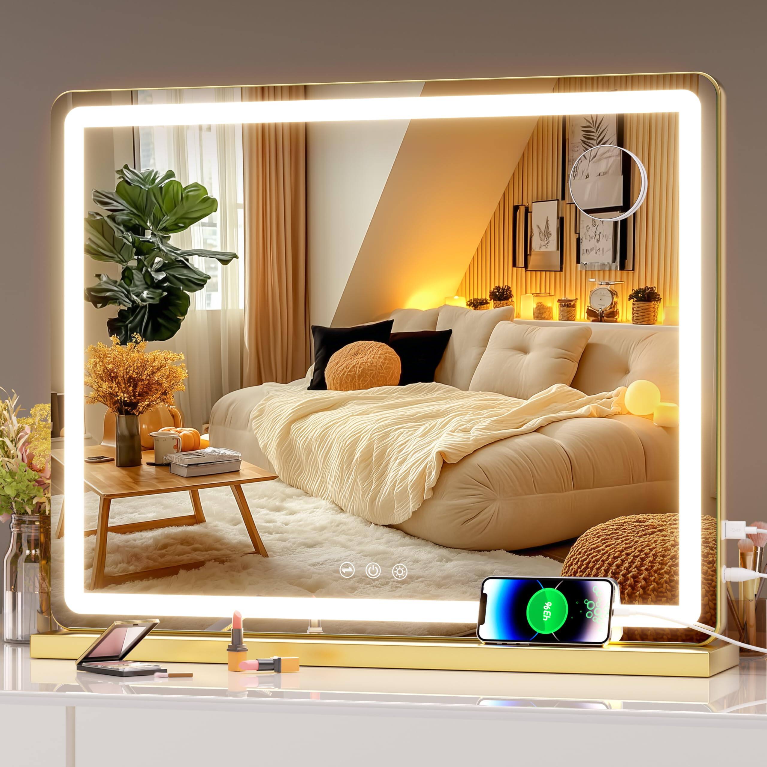 Hanke - Vanity Mirror With Lights 31 Led Makeup Lighted Dimmable 3 Modes Touch Screen Control Round - Gold 22.8"L x 18"W