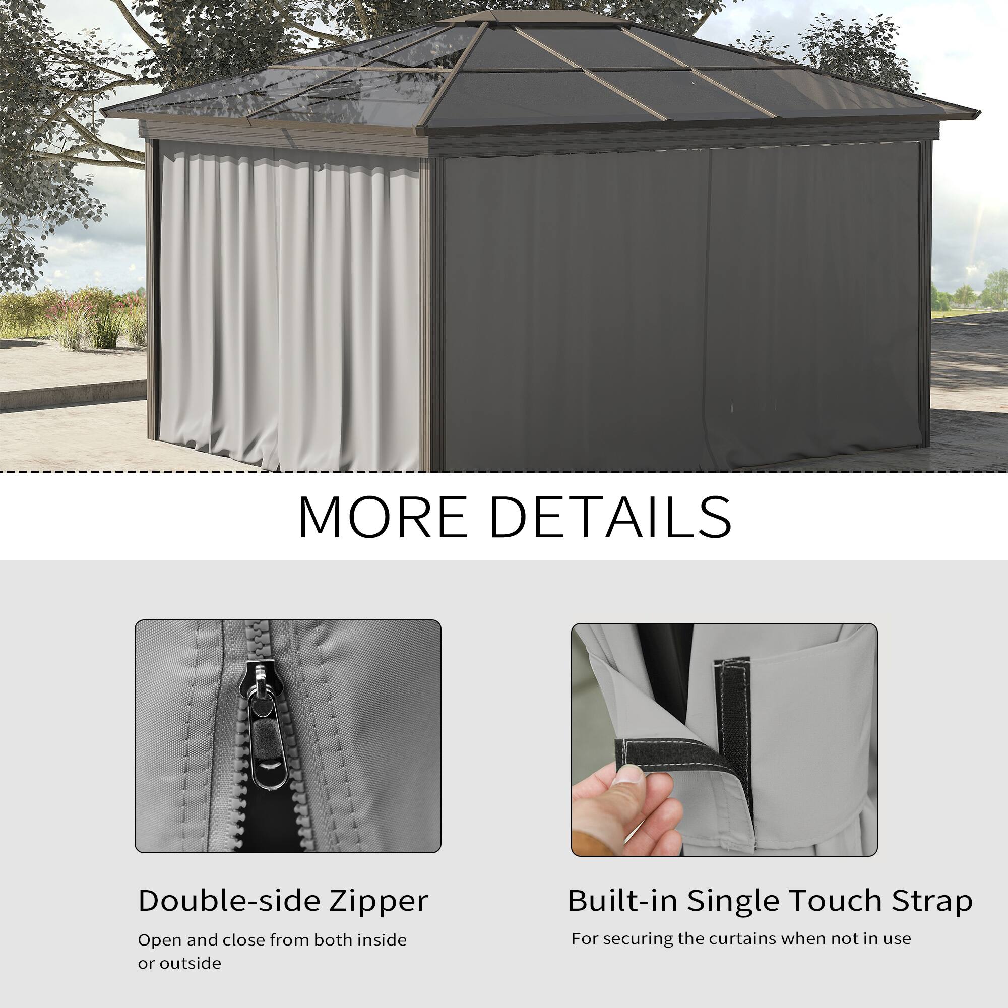 MORE DETAILS
Double-side Zipper
Open and close from both inside or outside
Built-in Single Touch Strap
For securing the curtains when not in use