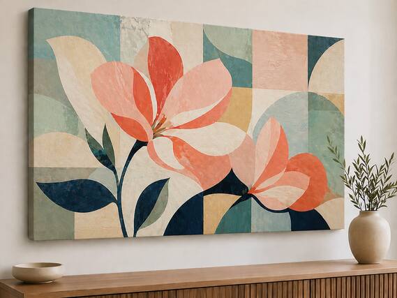 Front. FC Design - Large Canvas 24x36" Ready-to-Hang 24x36" Geometric Floral Art Painting Home Wall Décor - MultiColor.