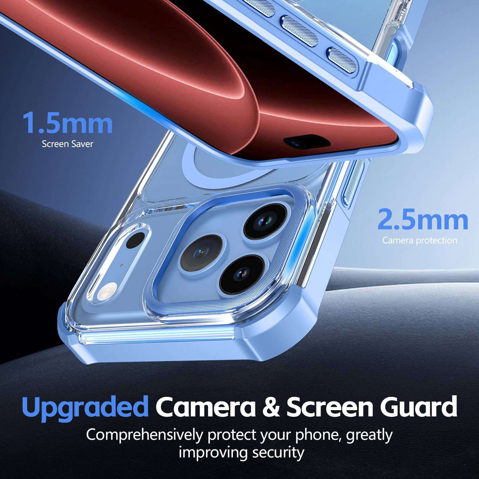 1.5mm Screen Saver  
2.5mm Camera protection  

Upgraded Camera & Screen Guard  
Comprehensively protect your phone, greatly improving security