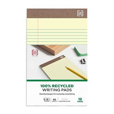 TRU RED  
100% RECYCLED WRITING PADS  
Standard paper for everyday notetaking  
5" x 8"  
Junior Sheets  
Narrow Ruled  
12 Pads