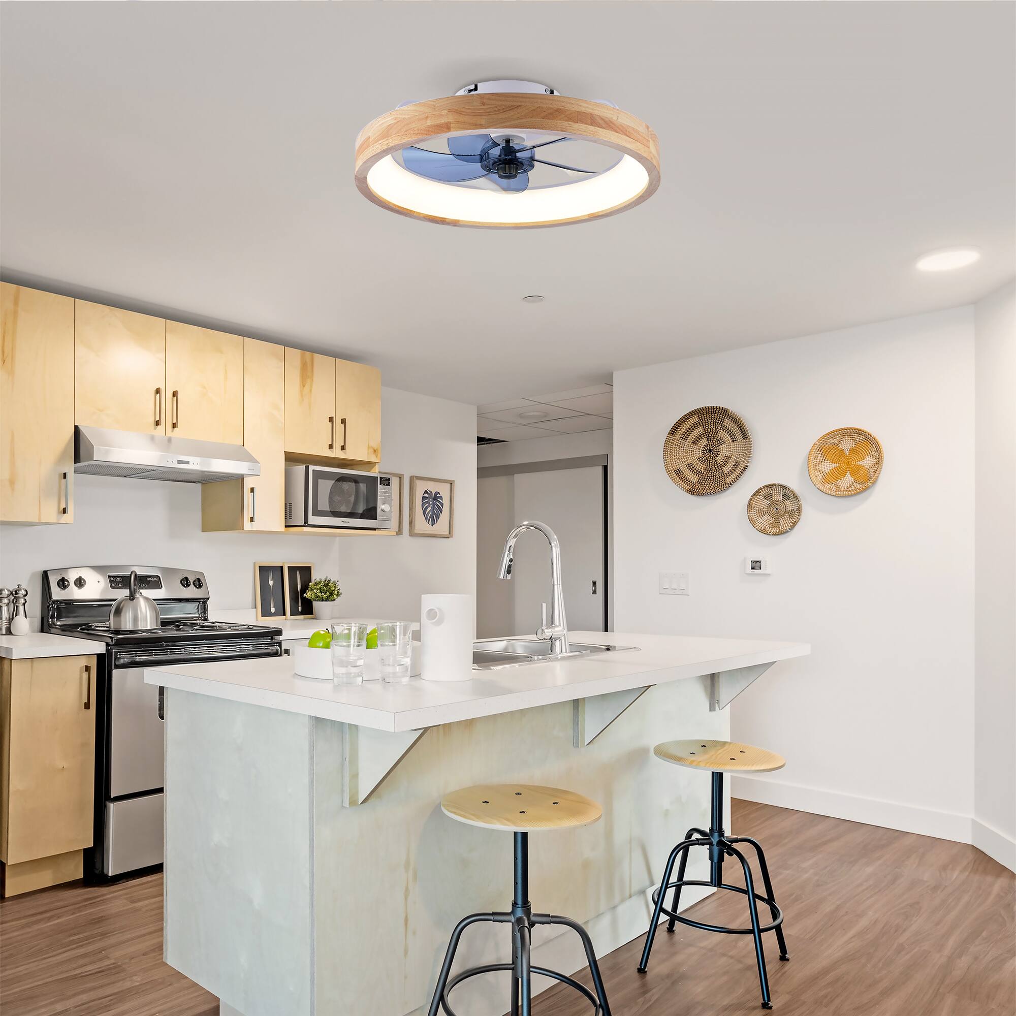 Alt View 7. Sofucor - 20'' Flush Mount Low Profile Ceiling Fan with Light Dimmable LED Timing & Remote & Wooden Frame Reversible For Bedroom - Matte White.