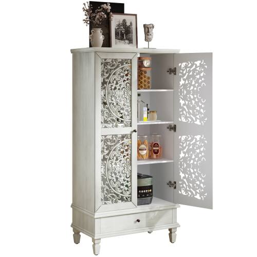 Alt View 7. LUCKY ONE - 55in Freestanding Tall Storage Cabinet with Drawer Carved Doors Solid Wood Legs for Living Room Hallway - Antique grey white.