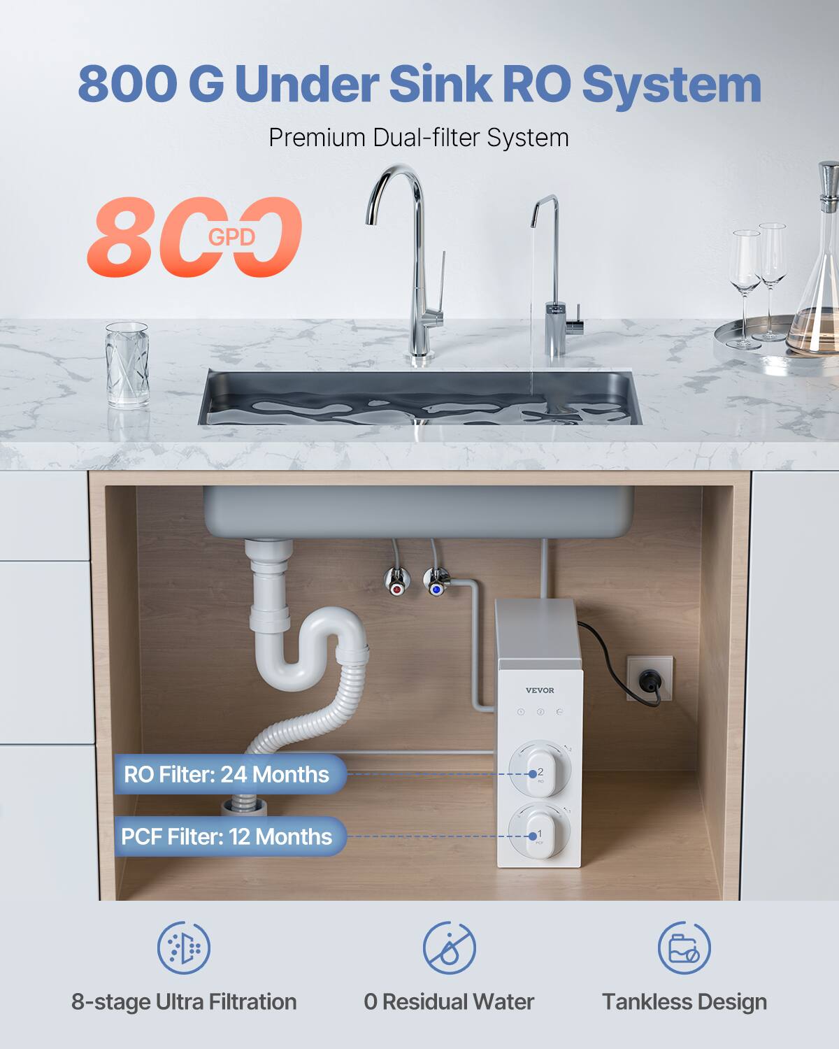 800 G Under Sink RO System  
Premium Dual-filter System  

800 GPD  

RO Filter: 24 Months  
PCF Filter: 12 Months  

8-stage Ultra Filtration  
0 Residual Water  
Tankless Design